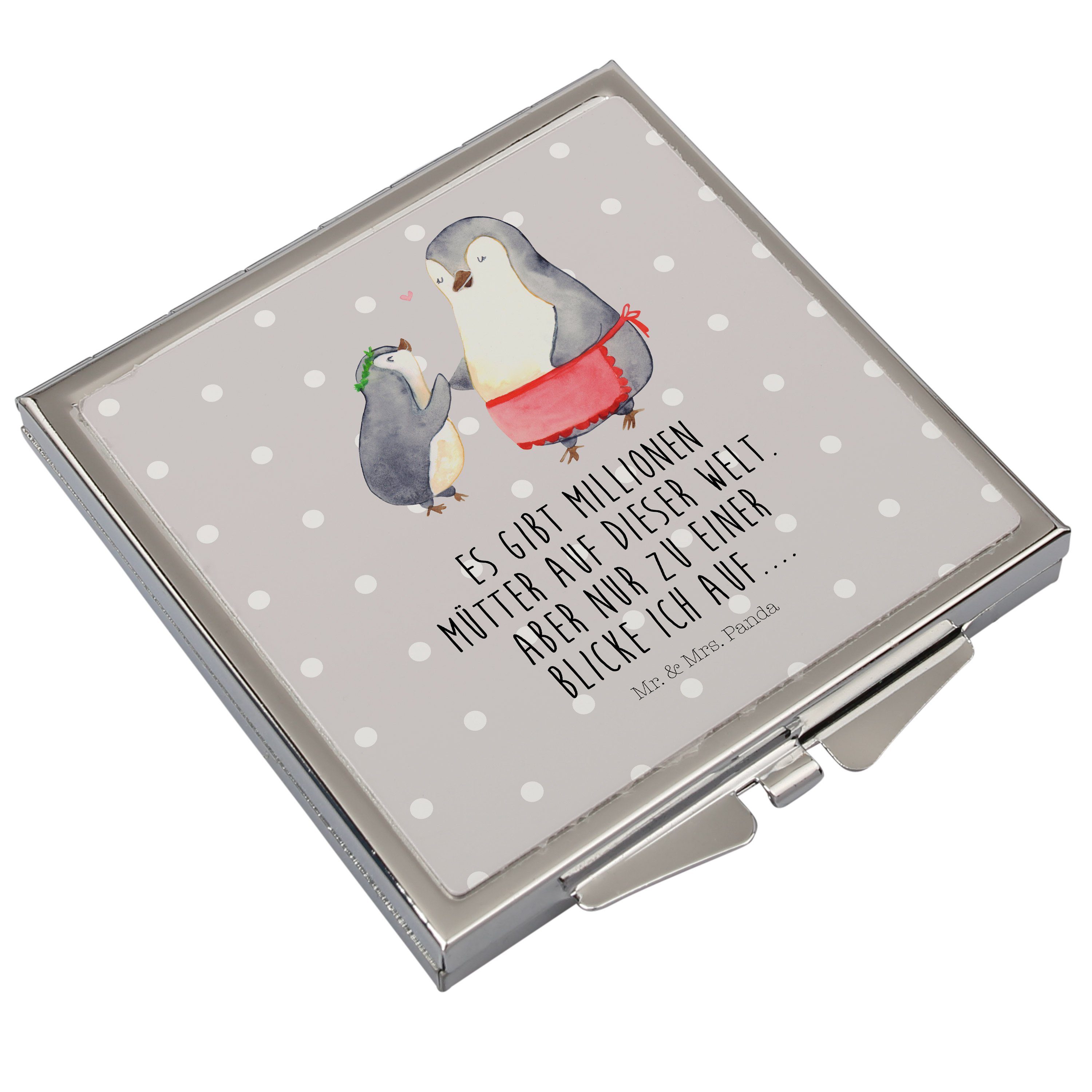 Grau silber, Kind Pinguin (1-St) Pastell mit Geschenk, Kosmetikspiegel & Mr. Panda Familie, - Handtasc - Mrs.