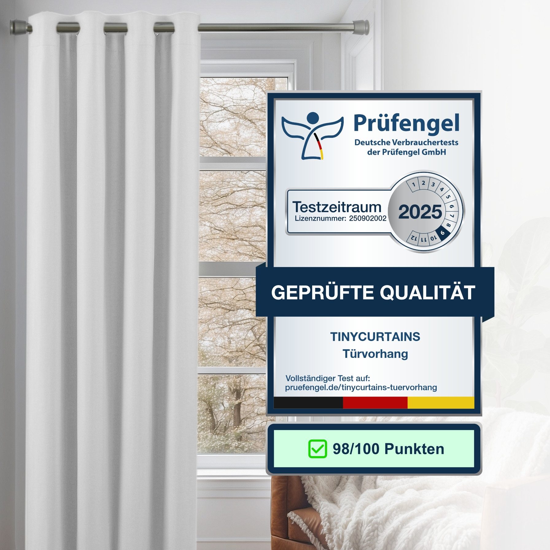 tinycurtains Türvorhang mit Stange silber 70-120 cm Thermo Vorhang ohne Bohren, mit Magneten, Ösen, abdunkelnd, Polyester, weiß Purity, Türgardine mit Klemmstange Raumtrenner verdunkelnd