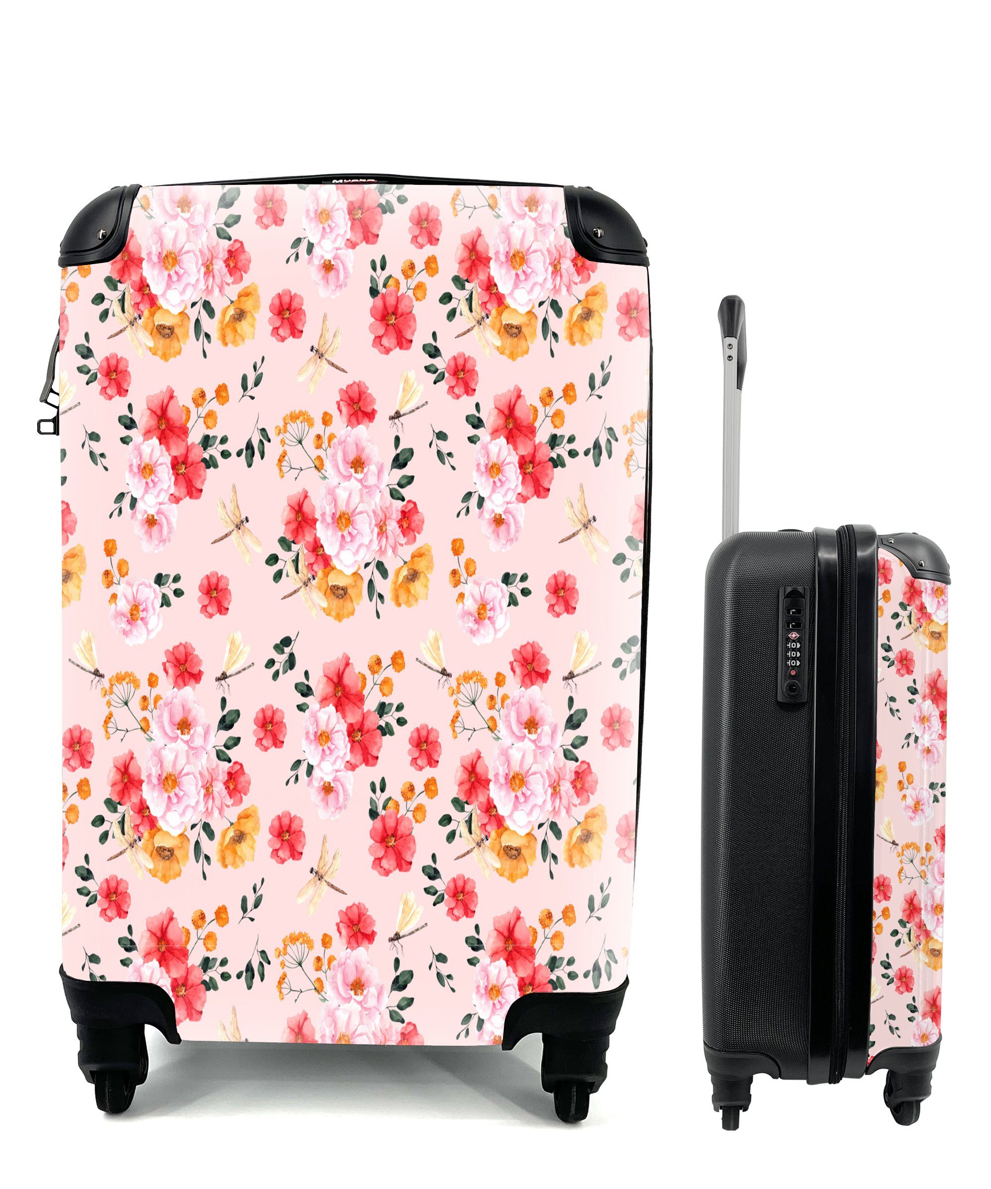 Reisekoffer Trolley, 4 Rollen, Reisetasche - MuchoWow Ferien, Muster, Rosen für Blumen Handgepäckkoffer rollen, mit - Handgepäck