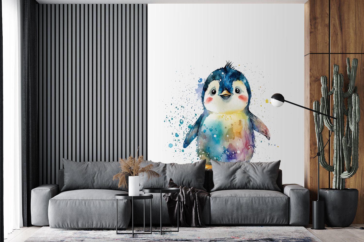 - Wohnzimmer, Tiere - - Fototapete Kinder, Tapete bedruckt, Montagefertig Aquarell MuchoWow Vinyl St), Pinguin - Regenbogen (4 Matt, für Wandtapete