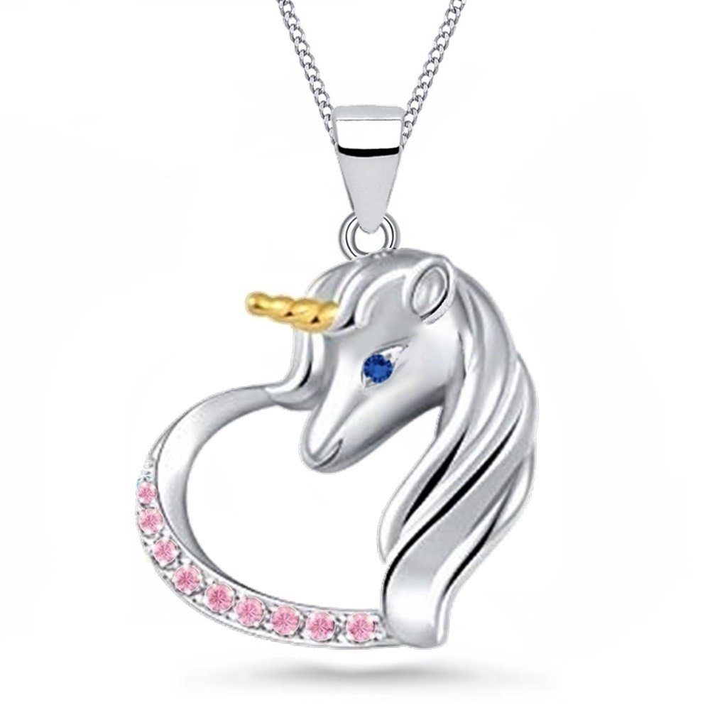 Goldene Hufeisen Kette mit Anhänger Halskette Einhorn Herz Pferd 925 Silber mit Zirkonia (Anhänger mit Kette, inkl. Etui), Rhodiniert Pink