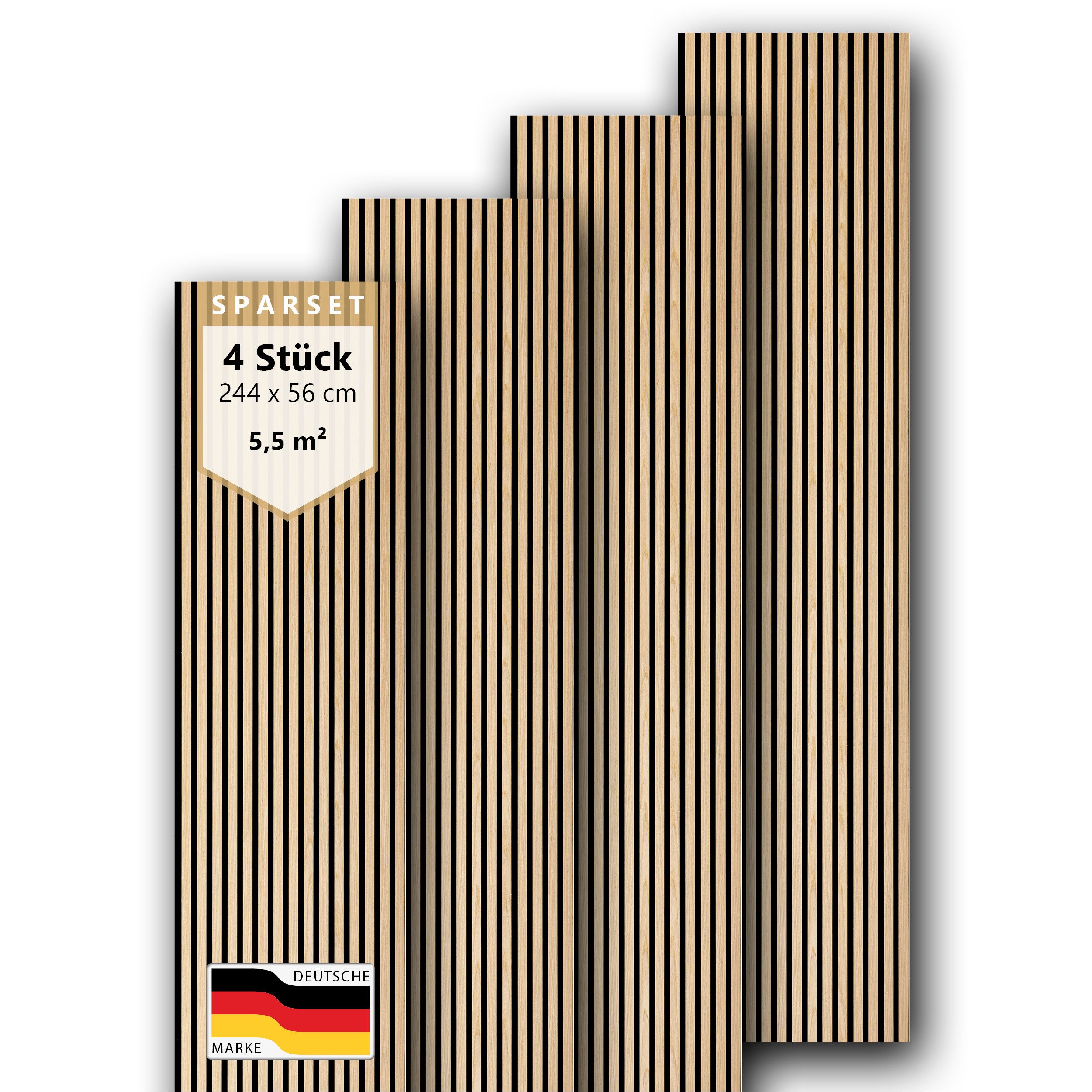 SONIDO Wandpaneel Sparset XXL Premium Akustikpaneele mit Eiche Echtholzoberfläche, BxL: 56,00x244,00 cm, 1,36 qm, (Sparset mit 2, 3 oder 4 Paneelen, 4-tlg., Versandkostenfreie Lieferung) 15 Leisten mit schwarzem 9 mm Filz-Akustikträger je Paneel