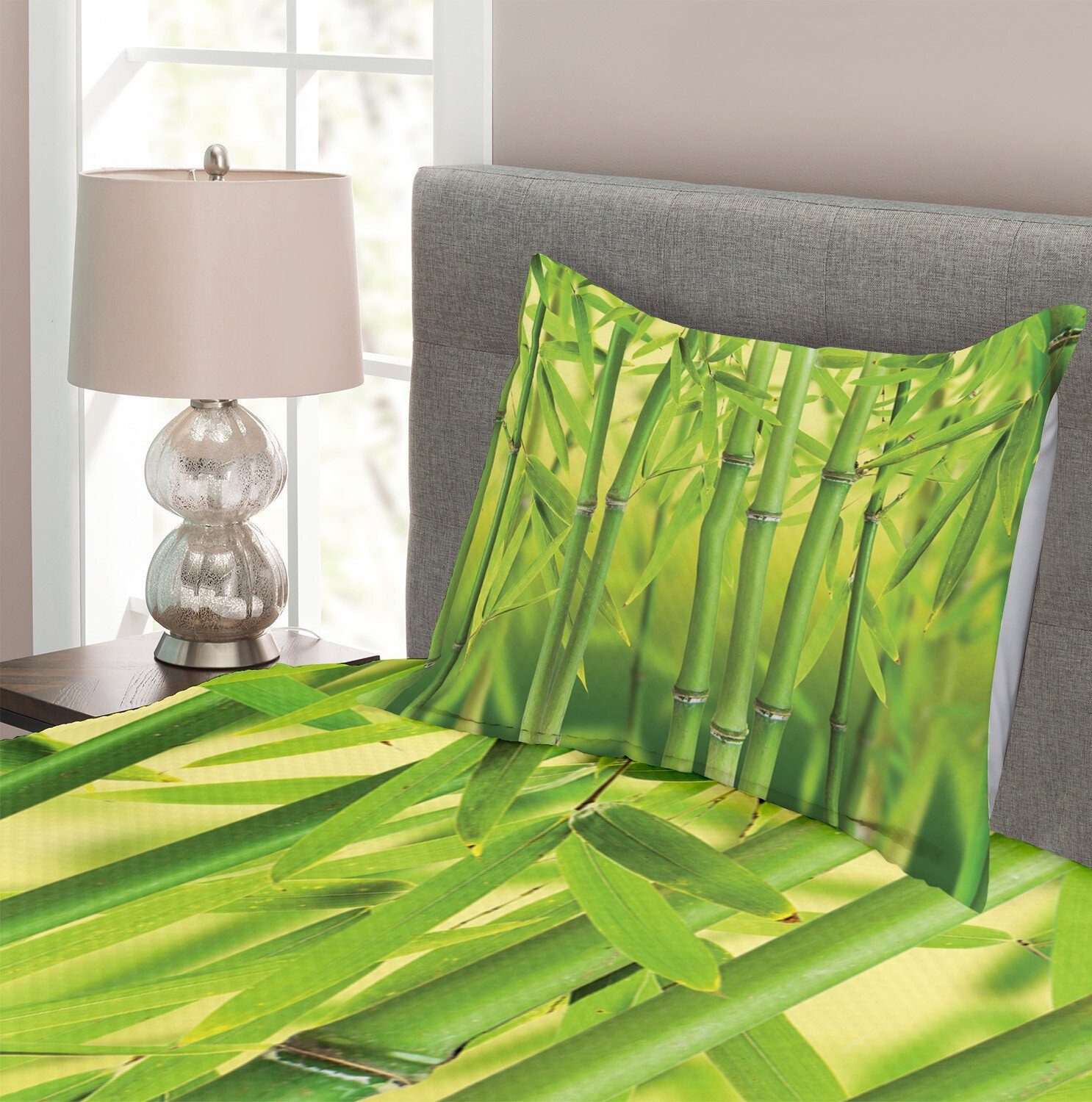 Grün Set mit Abakuhaus, Kissenbezügen Wald Bambussprosse Stem Waschbar, Tagesdecke