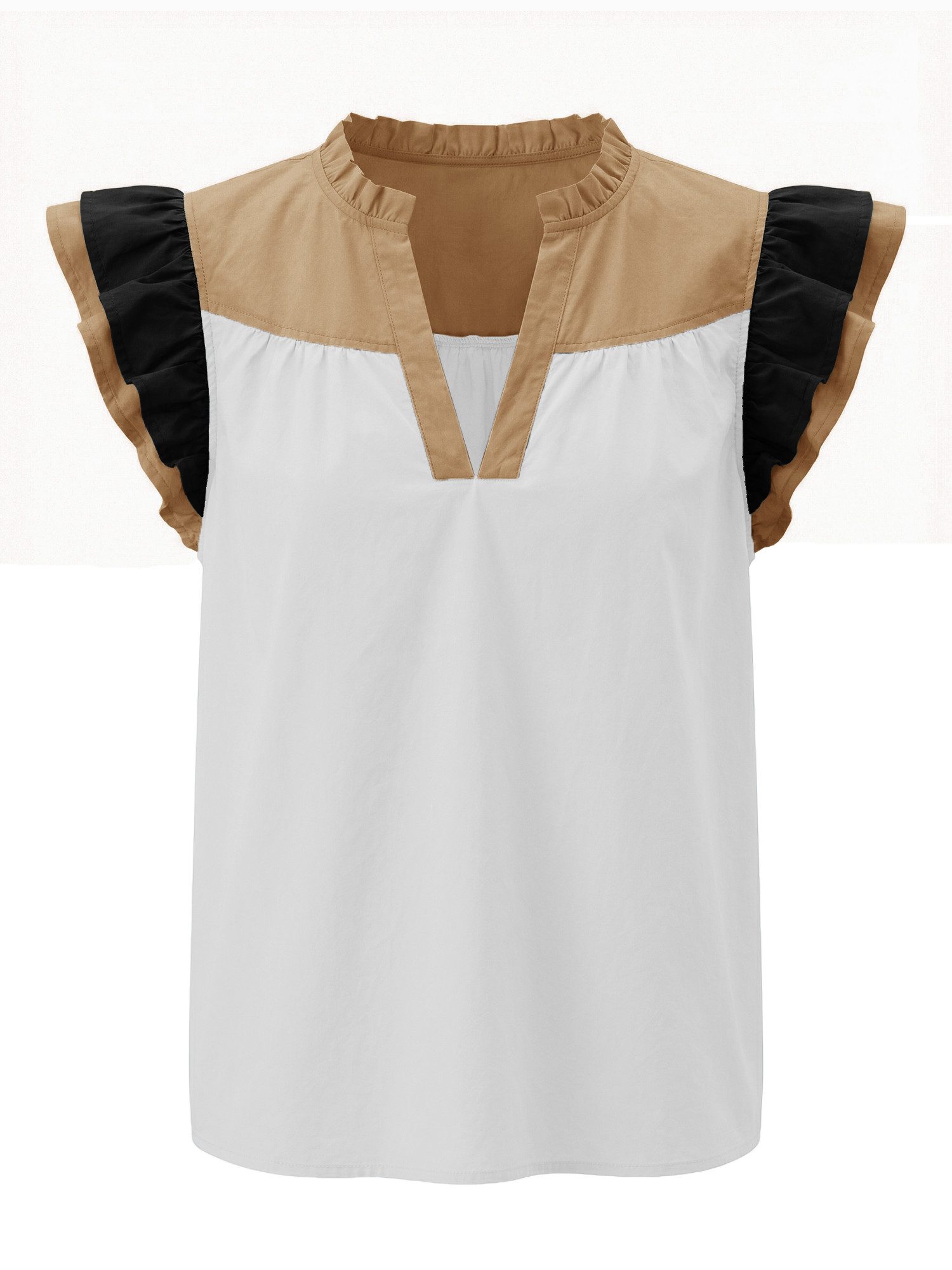 Blusenshirt Damen Kurzarm mit Colorblocking Rüschenärmeln und V-Ausschnitt