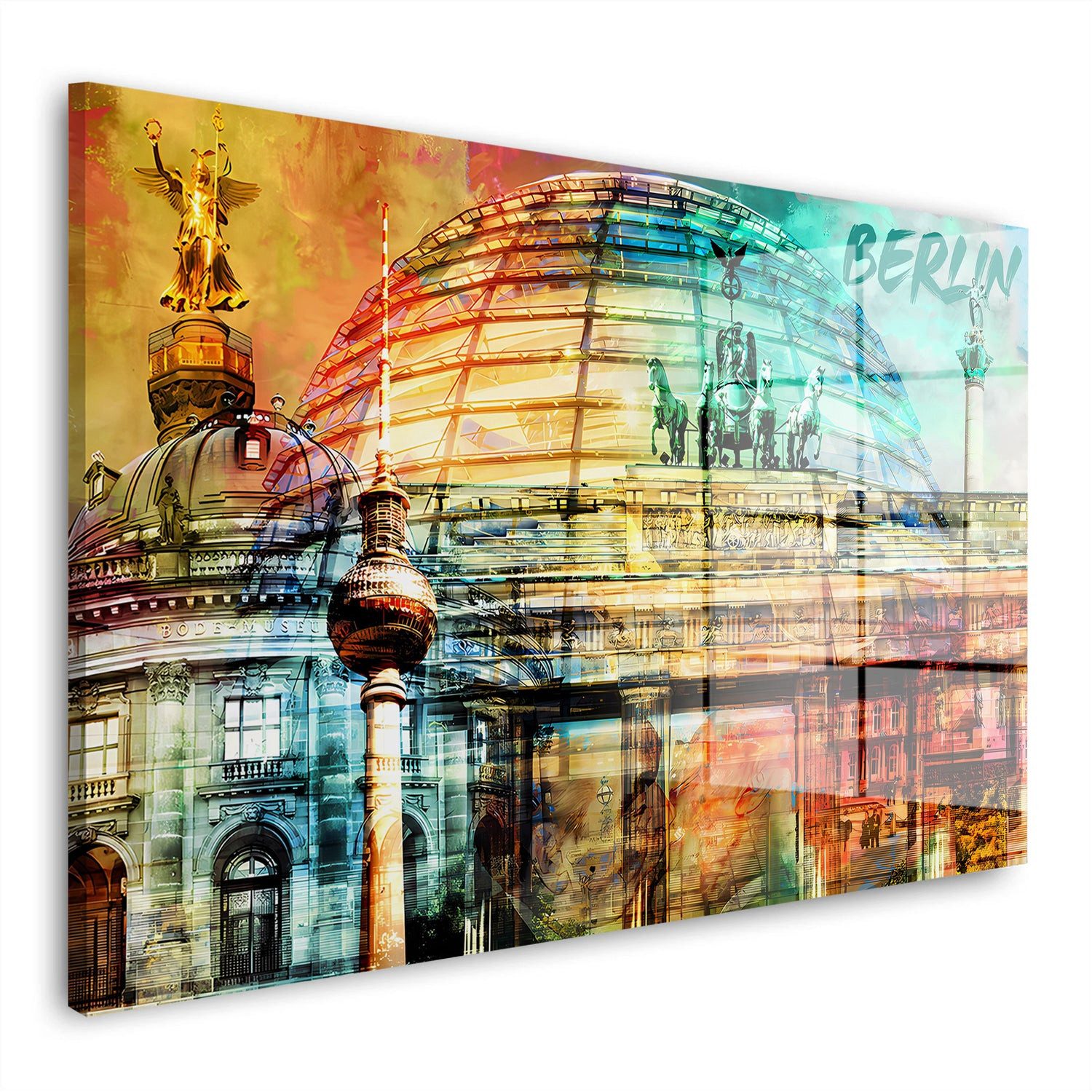 Artedinoi Acrylglasbild Berlin Collage Fernsehturm Reichstag Acrylglasbild Skyline Bunt XXL, Berliner Wahrzeichen als farbige Städtecollage