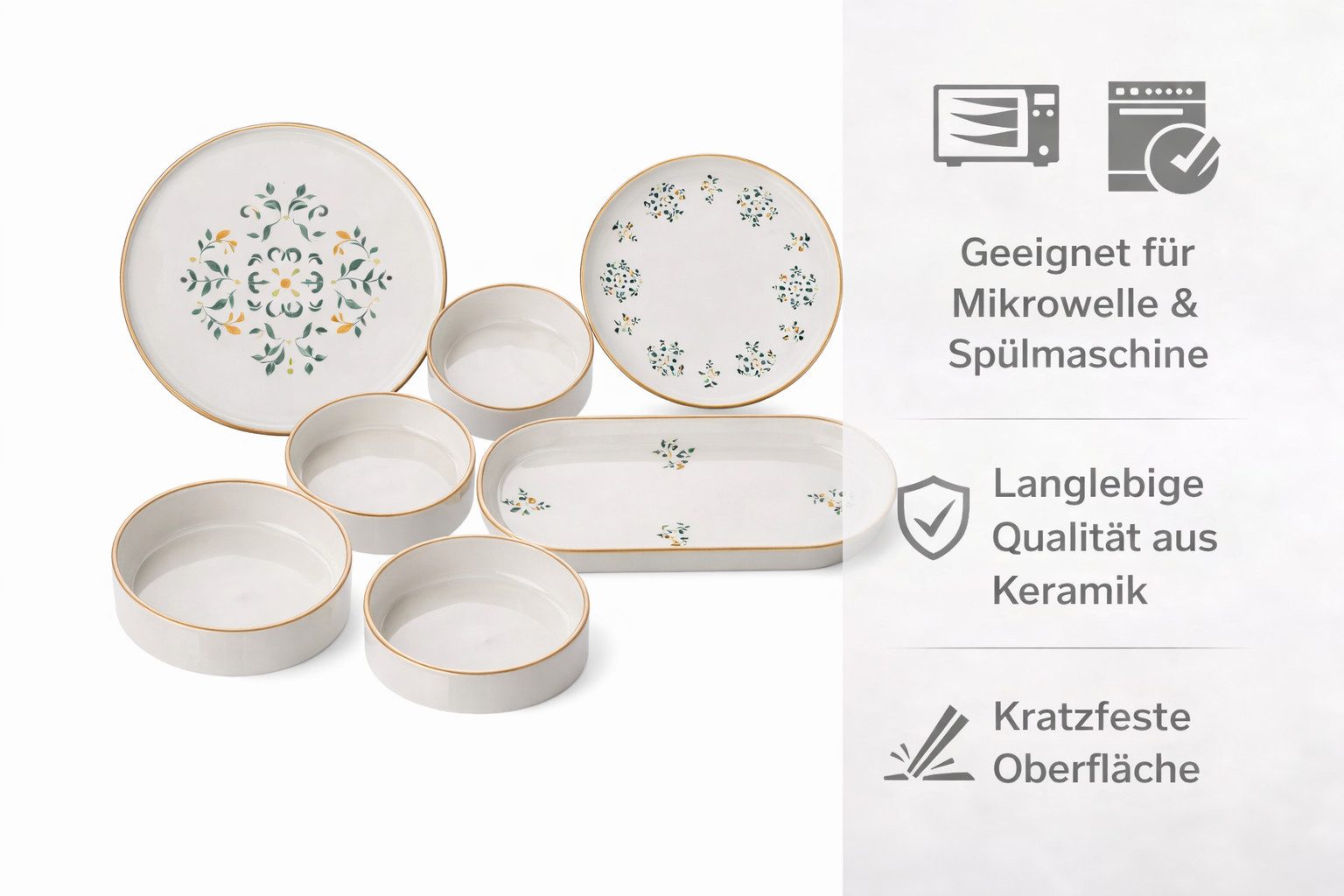 Hermia Concept Frühstücks-Geschirrset 6 Tellern, 2 Platten und 6 Schüsseln Dieses Set 100 % Keramik (14-tlg), 6 Personen, Keramik, Steinzeug, spülmaschinenfest und mikrowellengeeignet