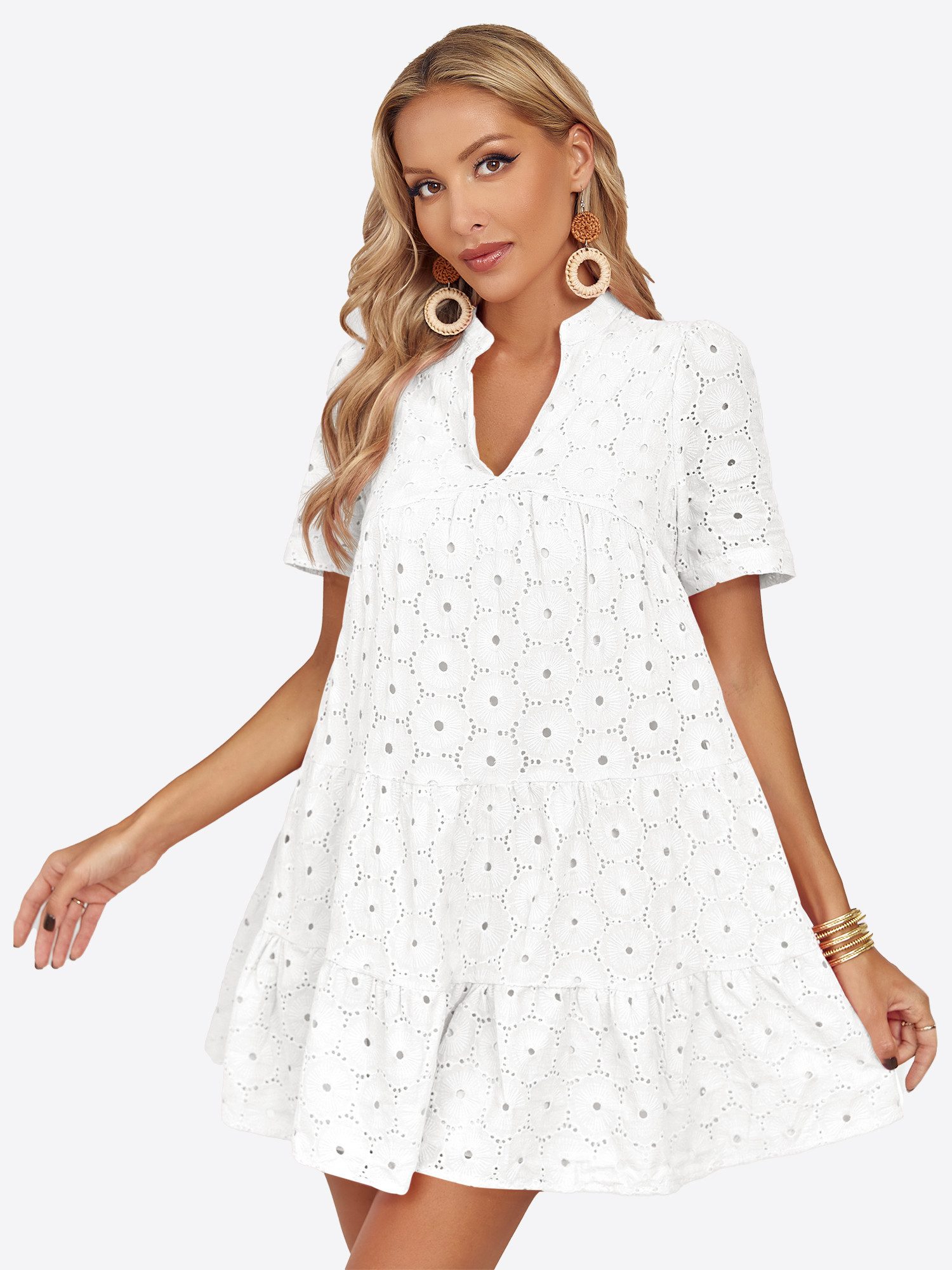 Imily Bela Spitzenkleid Damen Lochstickerei Freizeitkleid mit Puffärmeln (Packung, 1-tlg., 1per-Pack) mit V-Ausschnitt