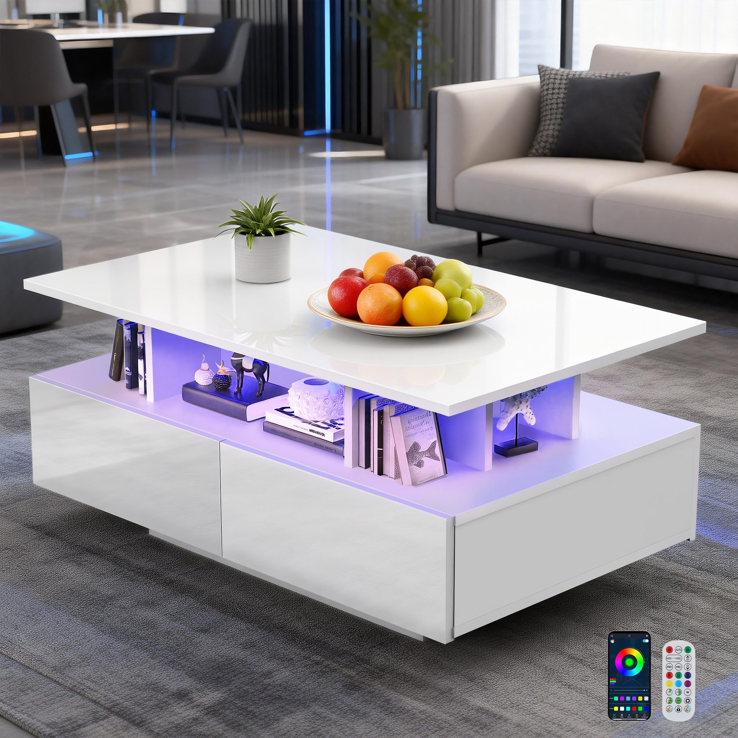 oyajia Couchtisch Wohnzimmertisch Hochglanz mit LED Beleuchtung & Fernsteuerung (Bluetooth-Fernbedienung.App-Steuerung, offenen Fächern,stabil, pflegeleicht, Hochglanz-Design), 90 x 55 x 40cm Beistelltisch,mit 4 Schubladen,Farbwechsel-LEDs