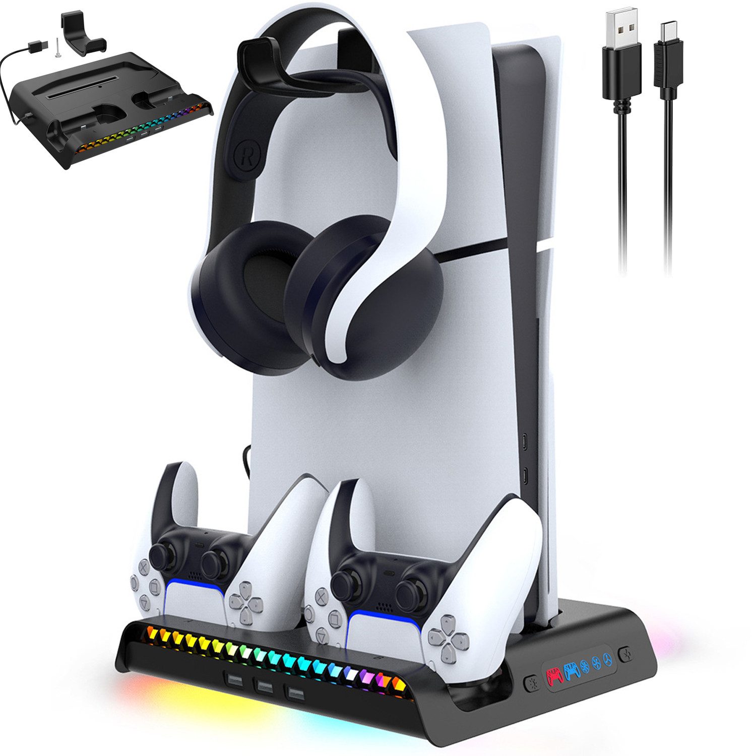 zggzerg PS5 Slim Pro Ladeständer Stand mit Lüfter, Kühler für Playstation 5 PlayStation 5-Controller (Station für DualSense/Edge Controller, RGB, Headset Hook, 3 USB Hubs)