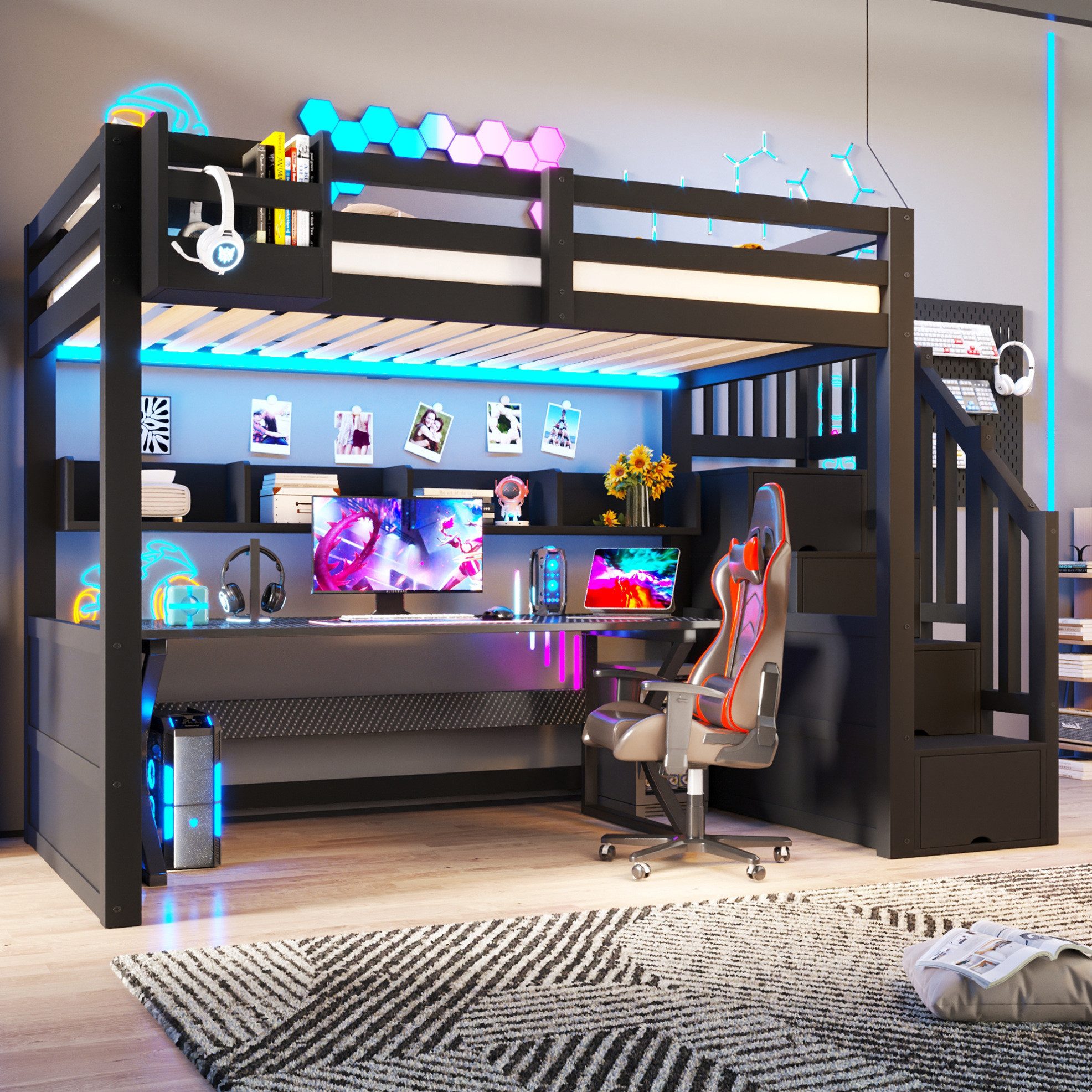 REDOM Hochbett Kinder Schlafbett mit Aufstiegstreppe und LED Beleuchtung (Packung, 1-St., 90x200 Etagenbett Schwarz Holz mit Schrank Stauraum ohne Matratze) Multifunktionales Bettmöbel mit praktischem Stauraumkonzept