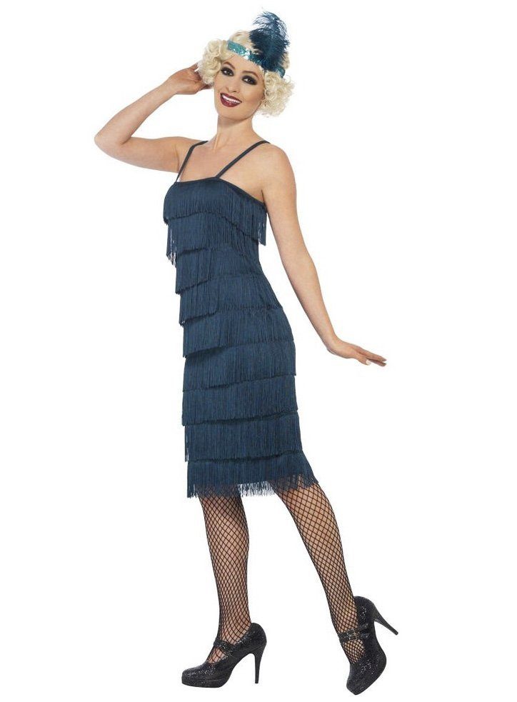 Smiffys Kostüm Petrolfarbenes 20er Jahre Kleid mit Fransen, Elegantes Fransenkleid im Stil der Goldenen 20er