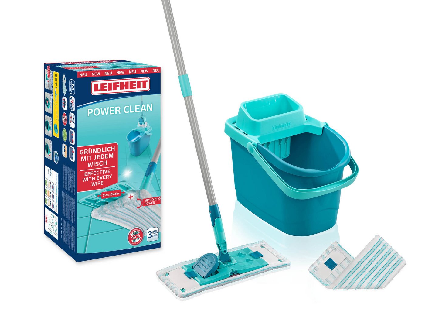 Leifheit Bodenwischer-Set Set POWER CLEAN mit 2x Ersatzbezug micro duo, (6-St), Waschbar bei 60°C, Wischbreite 33cm, 360° Gelenk, Arbeitshöhe 148cm