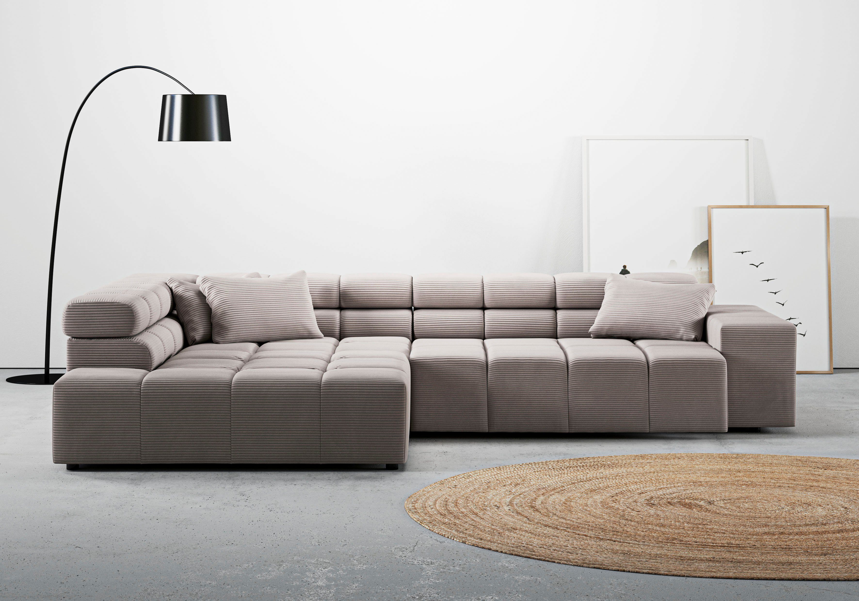 INOSIGN Ecksofa Ancona incl. Kopfteilverstellung, Zierkissen Breite 319cm, L-Form, wahlweise motorische Sitztiefenverstellung, auch in Cord + Easy Care