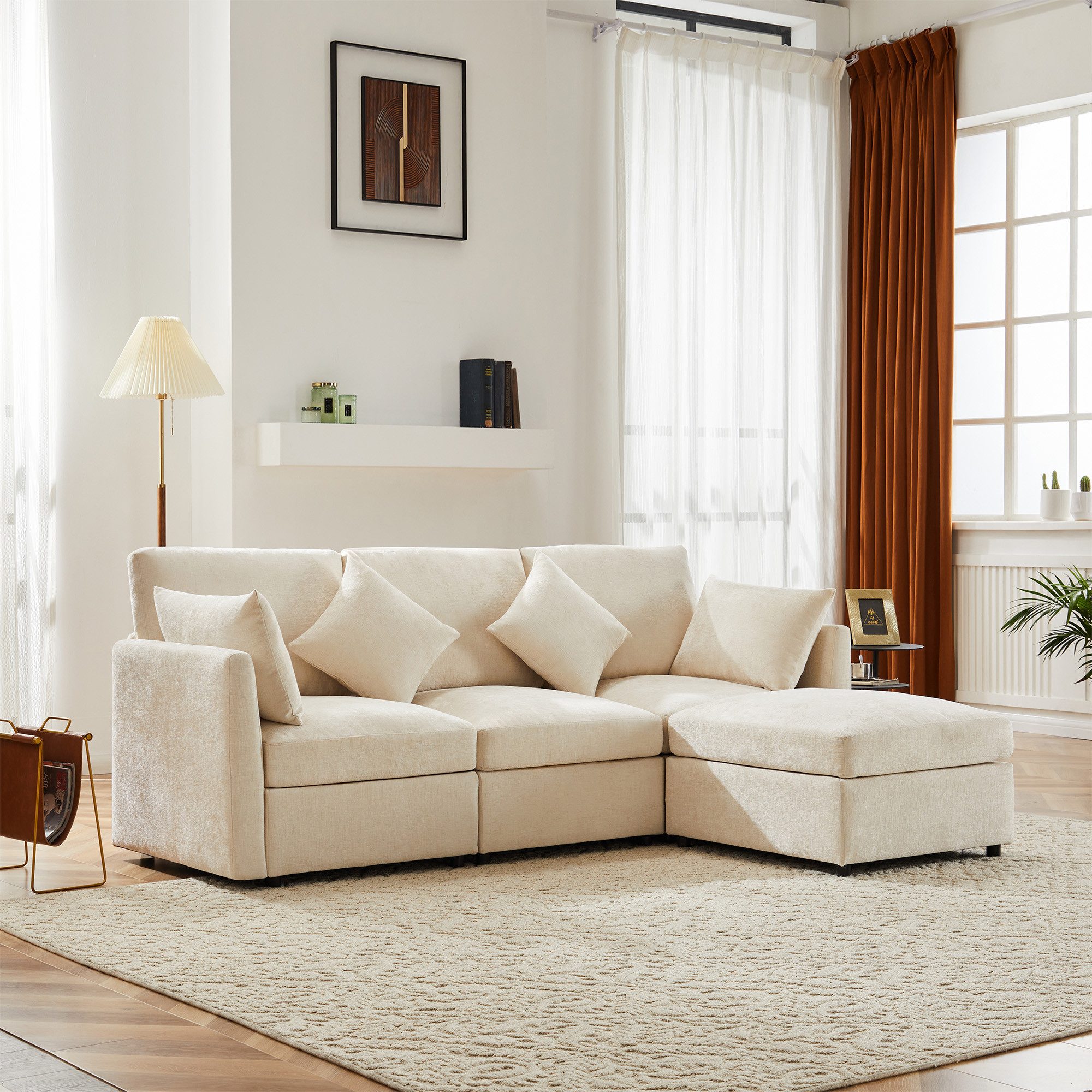SOFTWEARY Ecksofa L-Form, mit Hocker, Zier- und Armlehnenkissen, Chenille