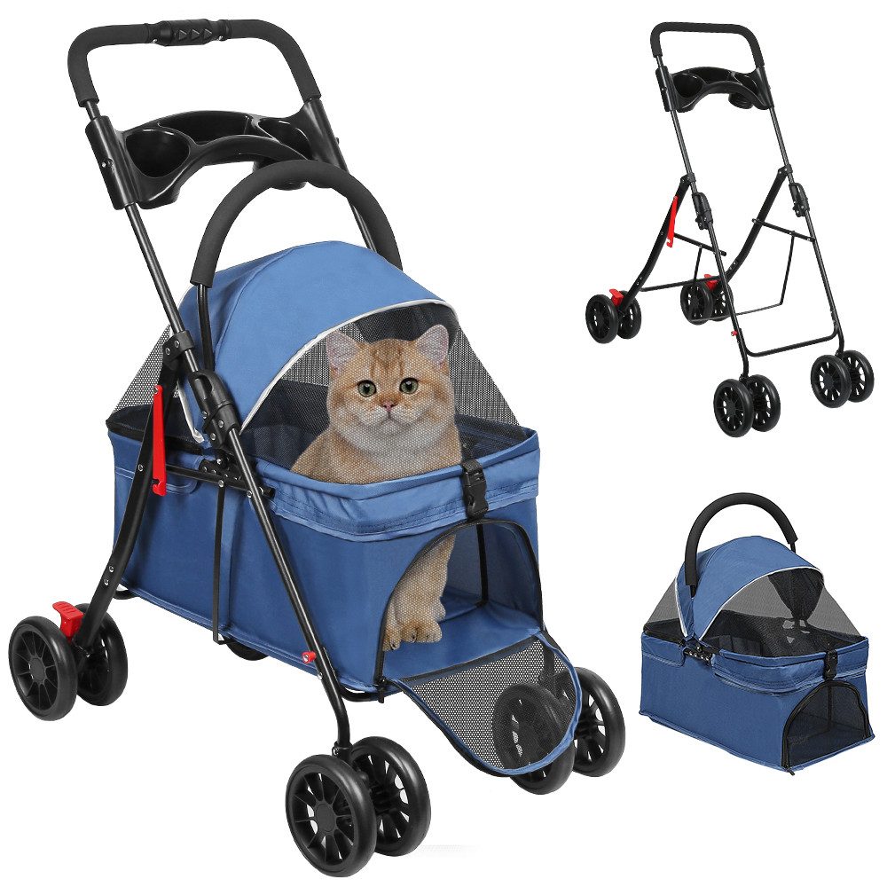 JEOBEST Hundebuggy Tragbarer Faltbar Hund Kinderwagen, Haustier Transportwagen, (360° Verschleißfeste Gummiräder, Netzfenstern)für Kleine Hunde & Katz