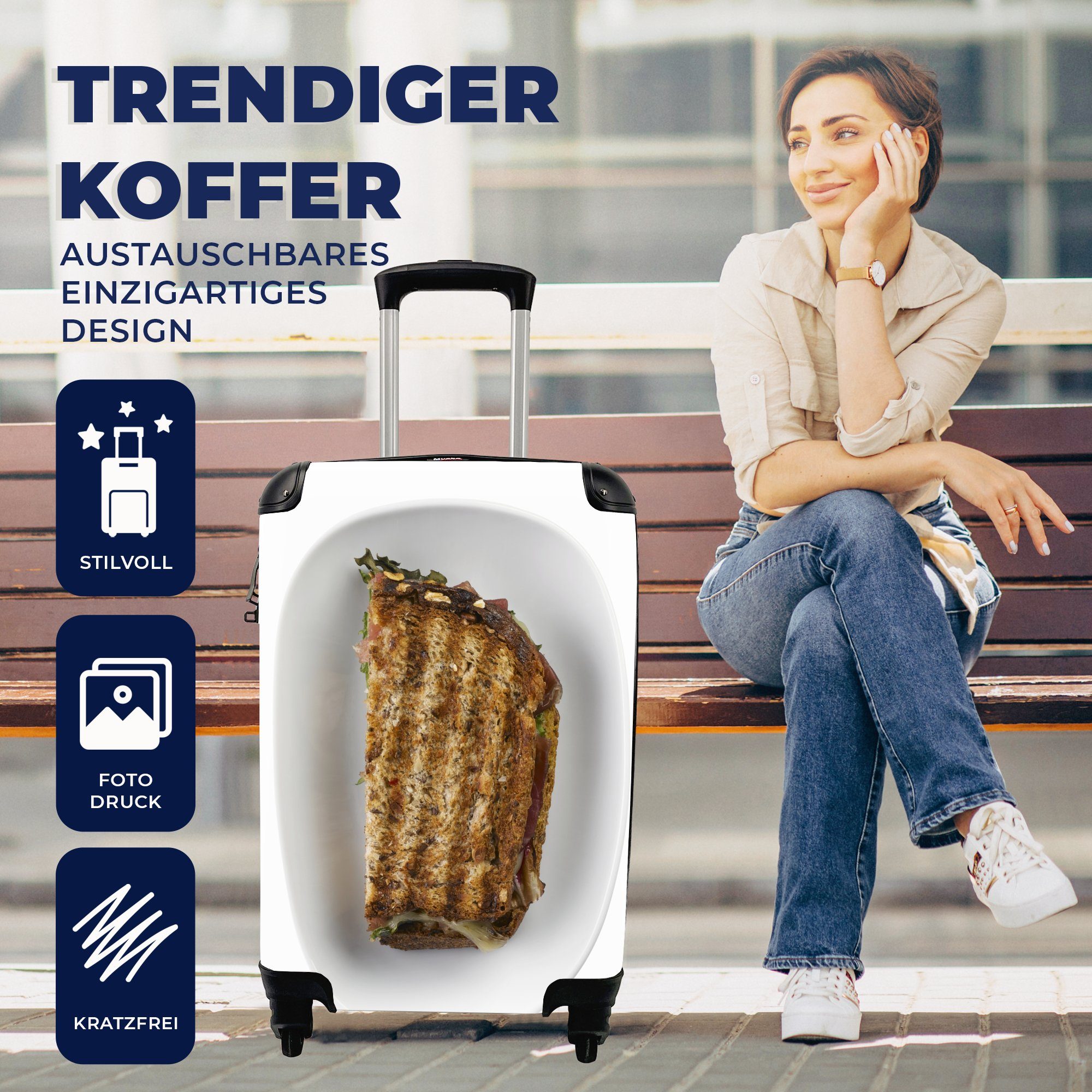 Reisekoffer rollen, Rollen, Toast, Ferien, 4 Reisetasche Trolley, mit Teller für Handgepäck mit MuchoWow verbranntem Handgepäckkoffer