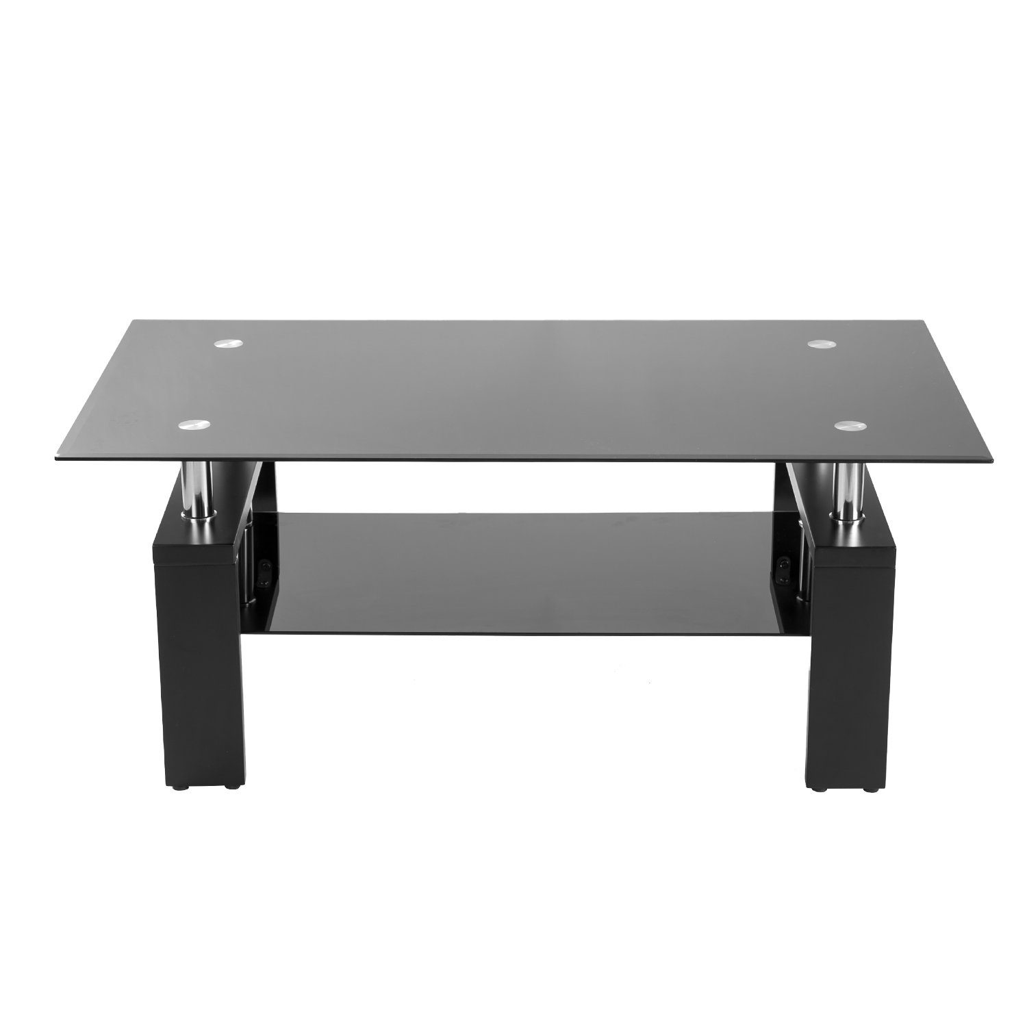 Couchtisch (Couchtisch aus gehärtetem Glas), Schwarz Glastisch Teetisch mit unterem Regal und Holzbeinen