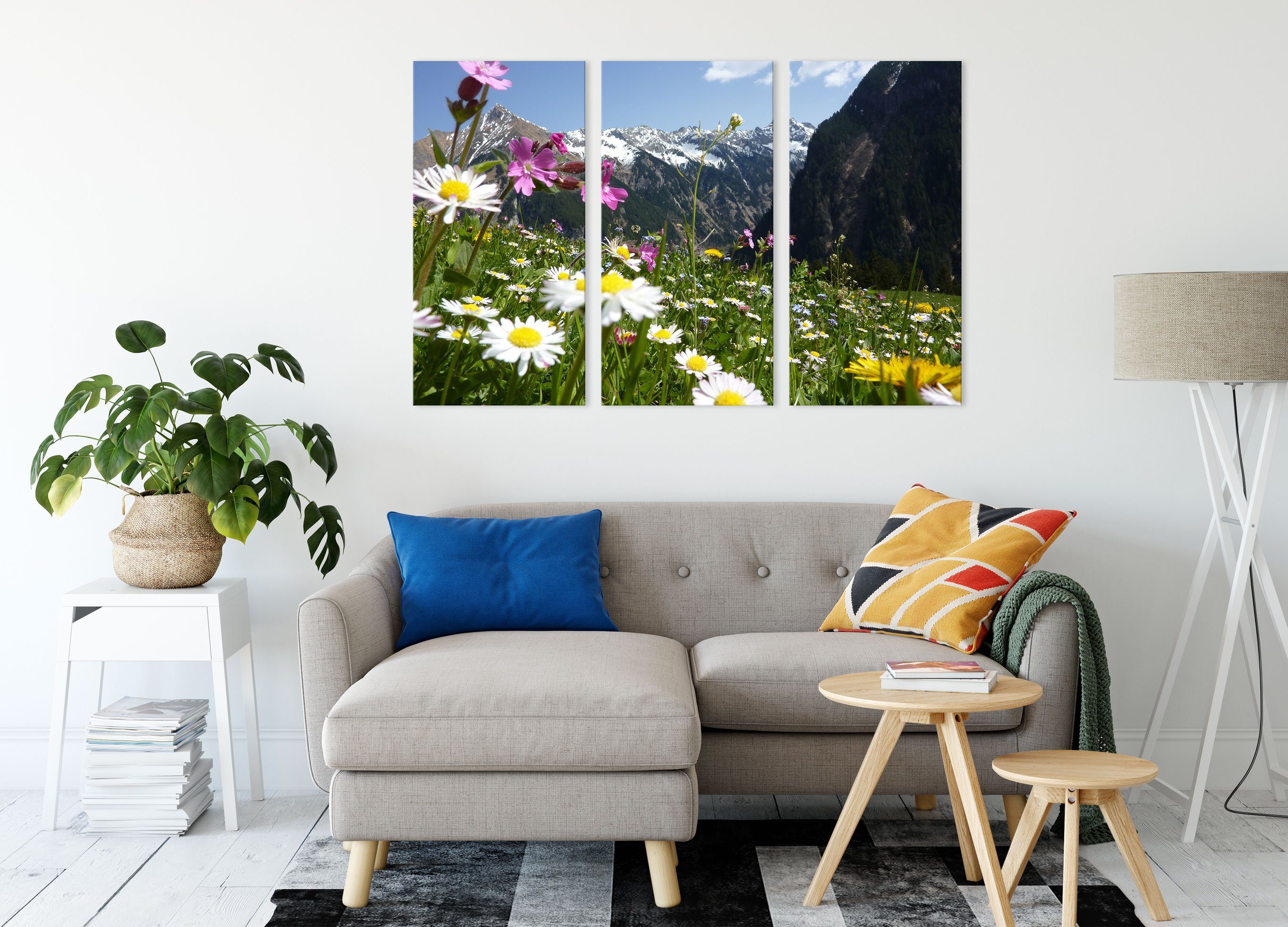 (1 (120x80cm) 3Teiler Pixxprint Wunderschöne bespannt, Wunderschöne Zackenaufhänger inkl. Alpenwiese, Alpenwiese Blumen fertig St), Leinwandbild Blumen Leinwandbild