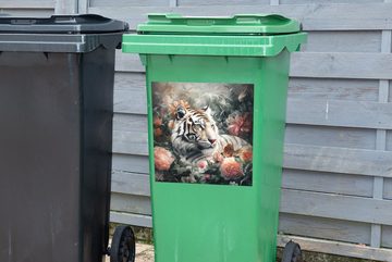 MuchoWow Wandsticker Tiger - Wildtiere - Blumen - Dschungel (1 St), Mülleimer-aufkleber, Mülltonne, Sticker, Container, Abfalbehälter