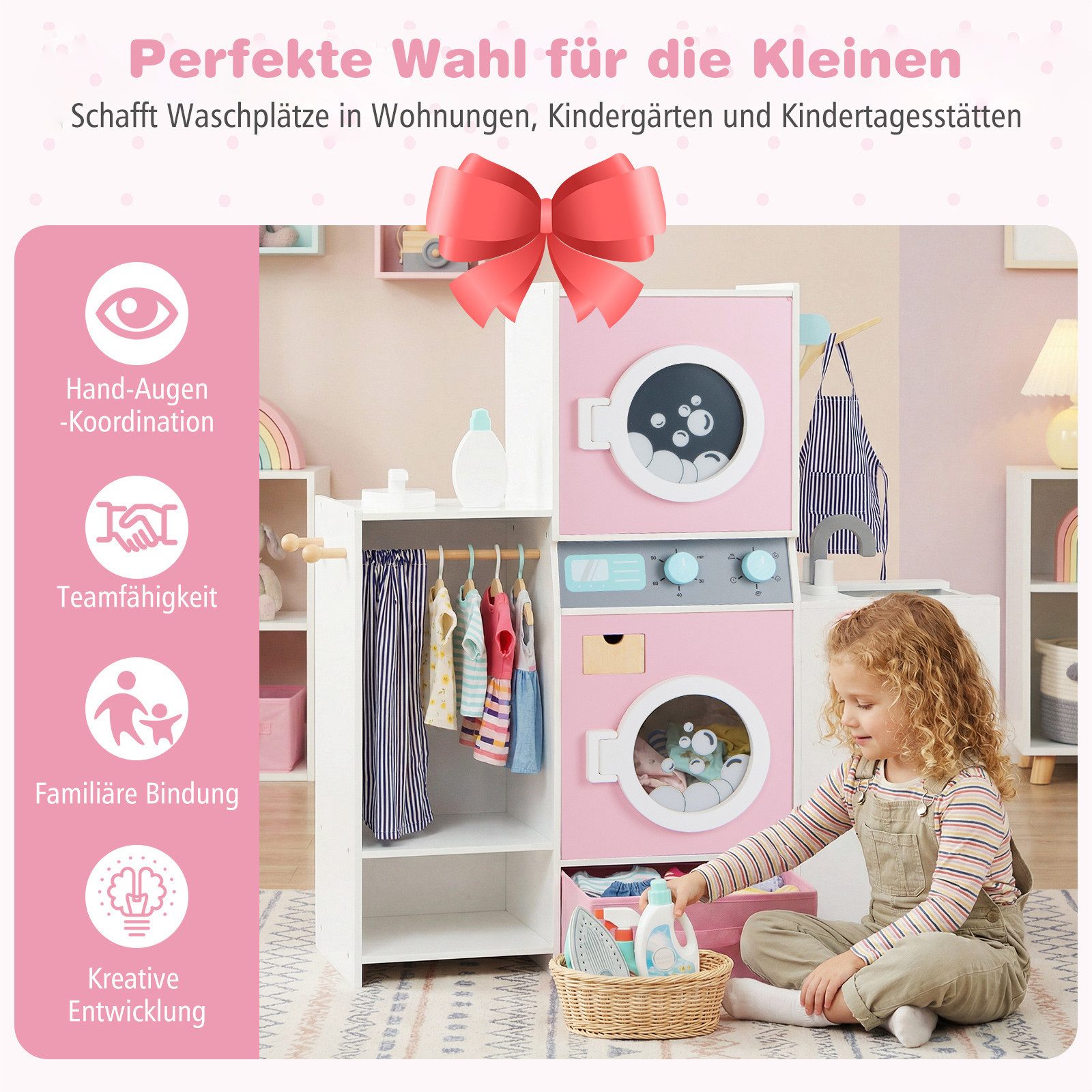 COSTWAY Kinder-Waschmaschine, Mit Waschmittelflasche, Bügeleisen & Kleiderbügeln