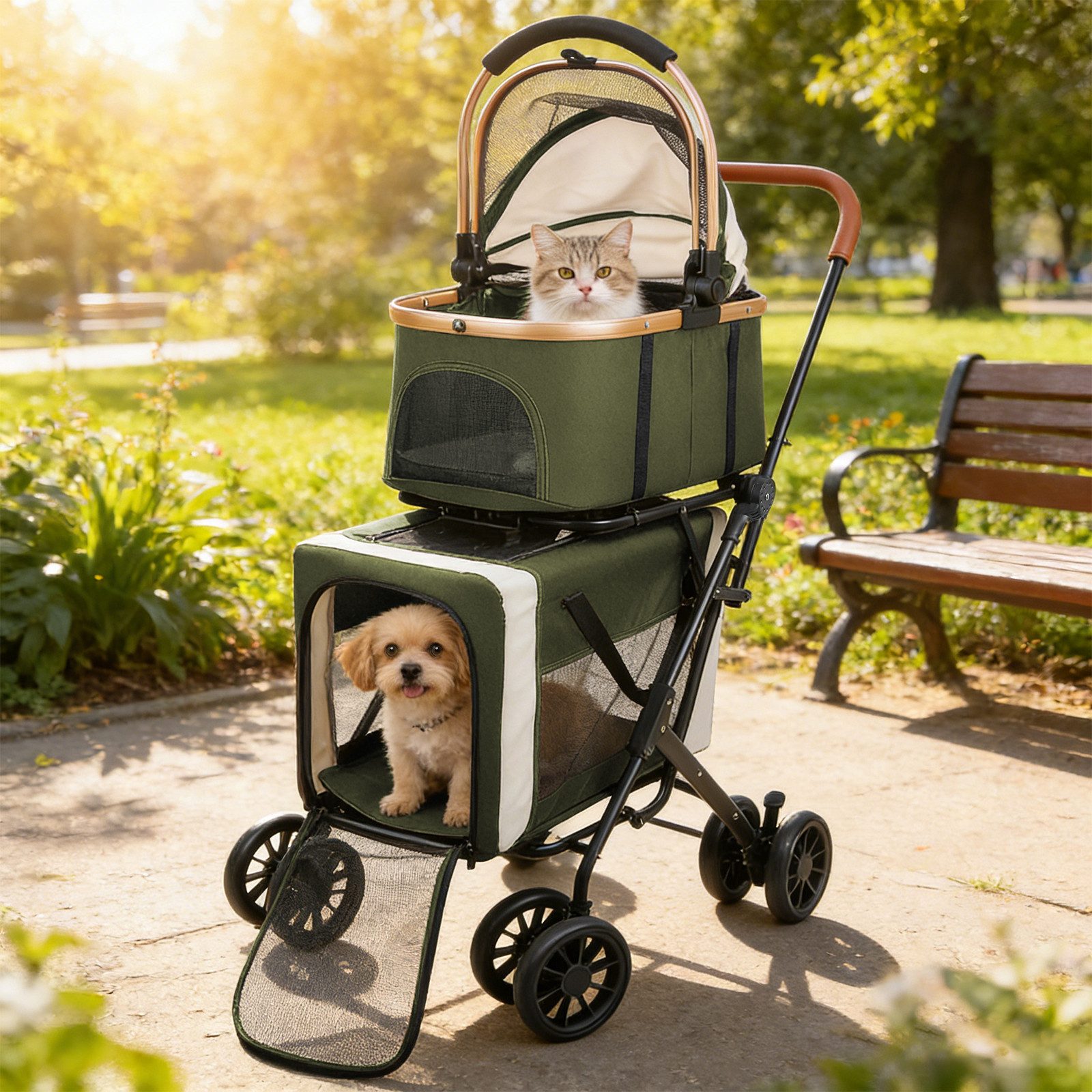 JEOBEST Hundebuggy Doppelkorb-Hundewagen, Haustierwagen, Haustier Transportwagen, (Faltbarer, Abnehmbaren, 360° Lenkräder + Fußbremse)Belüftungsnetz