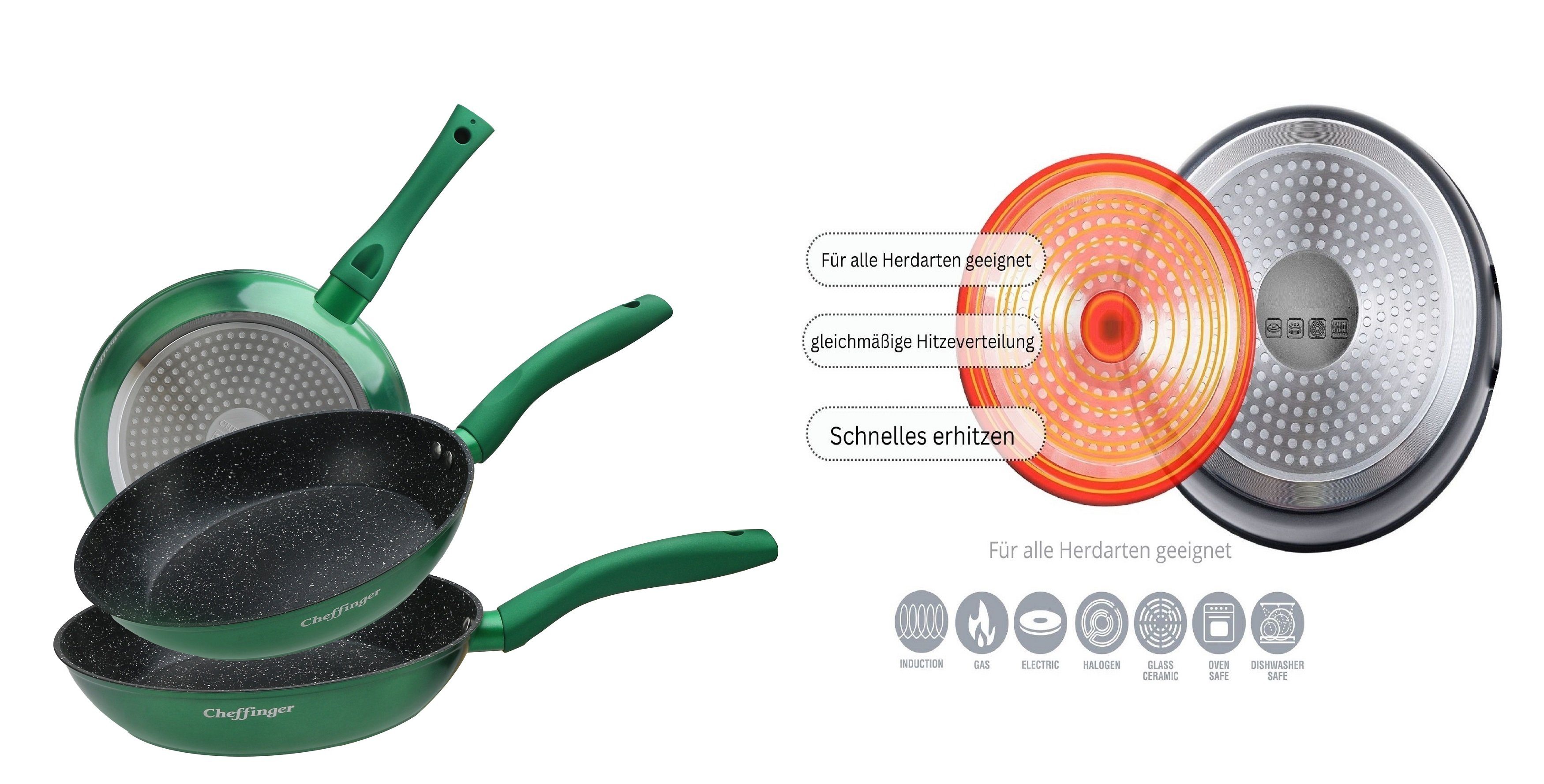 Induktion Bratpfanne Pfannen-Set beschichtet Rungassi Grün, 3-tlg Pfannen Set Aluminium CF-FA03