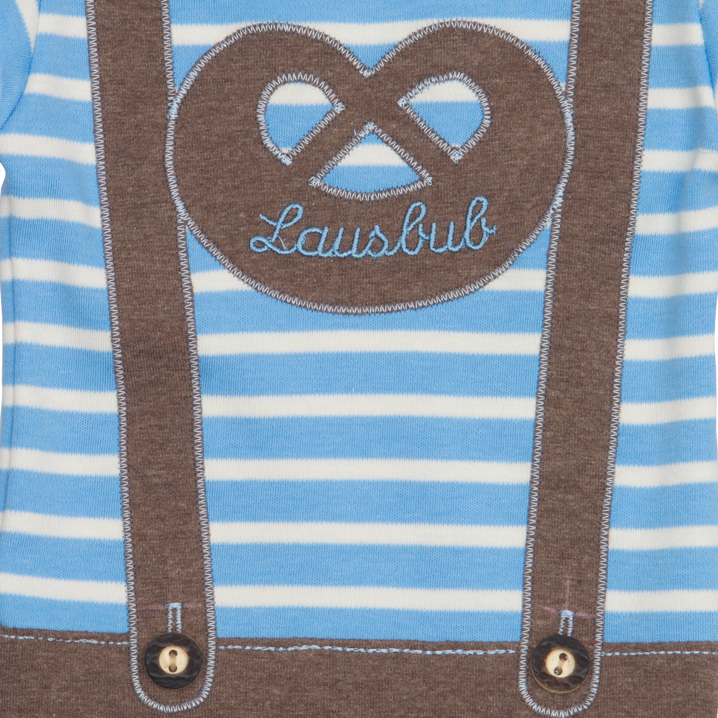 P.Eisenherz Kurzarmbody Body mit kurzem Arm "Lederhose" hellblau/weiß im Lederhosen Look mit Brezel