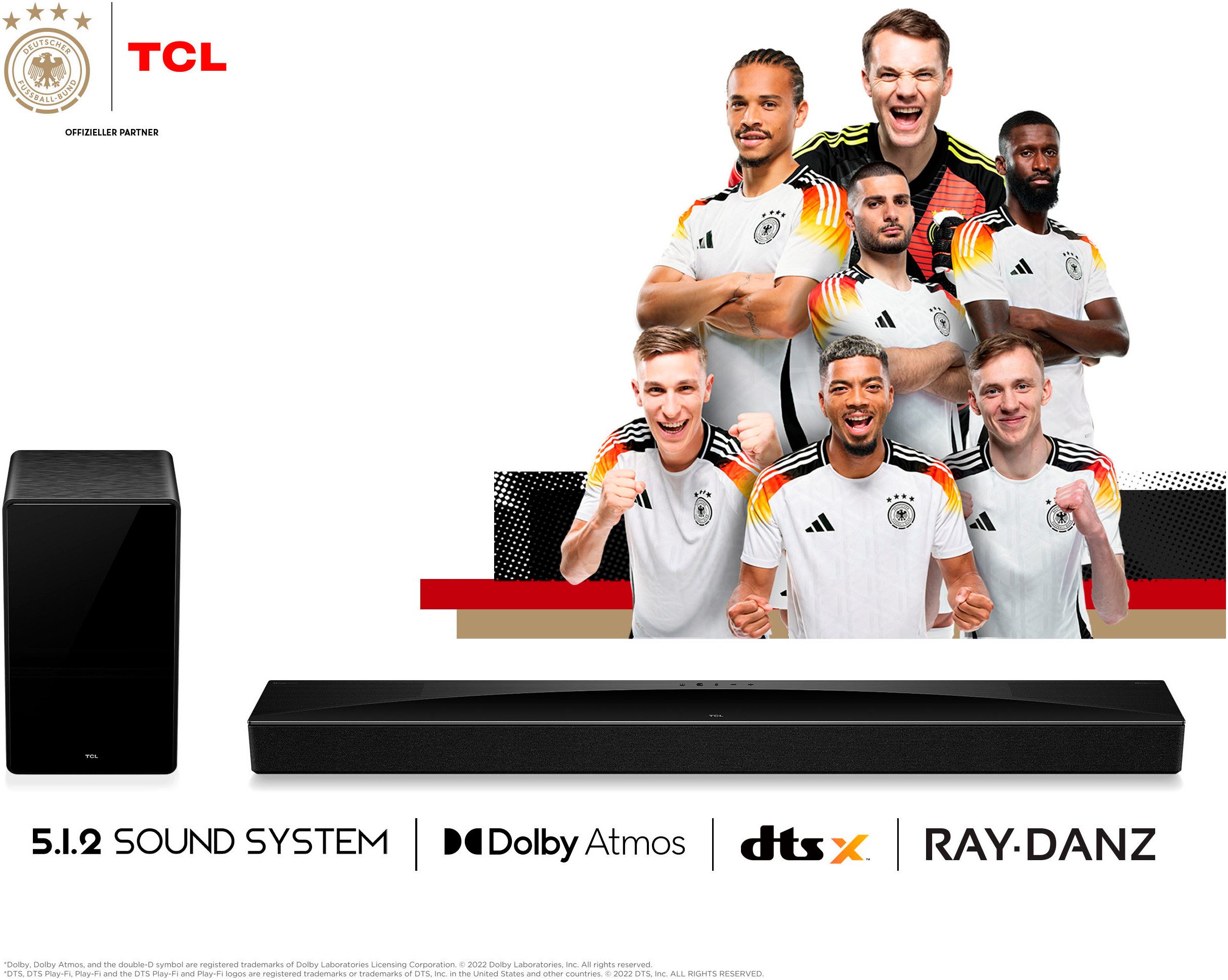 TCL Q75HE 5.1.2 Dolby Atmos und Ray Danz Soundbar 5.1.2 (Bluetooth, WLAN, 620 W, AI Sonic, 620 Watt, Airplay, HDMI, Bluetooth, Wandhalterung, Subwoofer)
