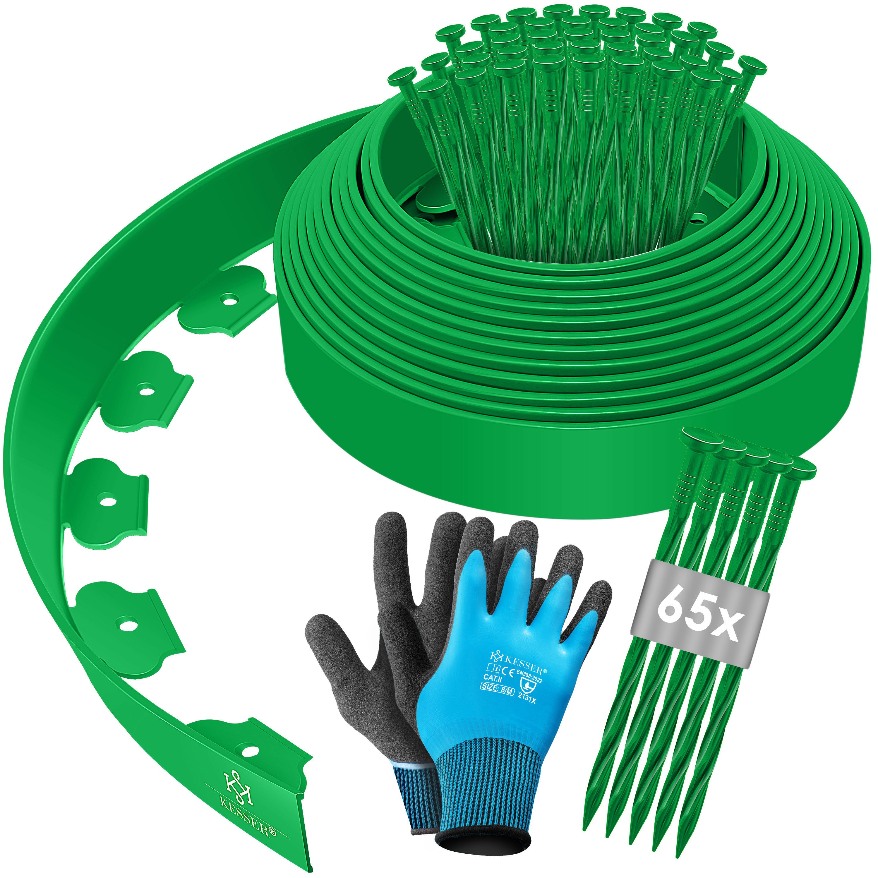 KESSER Rasenkante Flexible Beetumrandung aus Kunststoff 10/ 20/ 30/ 40/ 50m - Höhe 5cm, Mähkante Pflastersteine Palisade, Rasenkante mit Erdanker + Handschuhe Beeteinfassung Beetbegrenzung