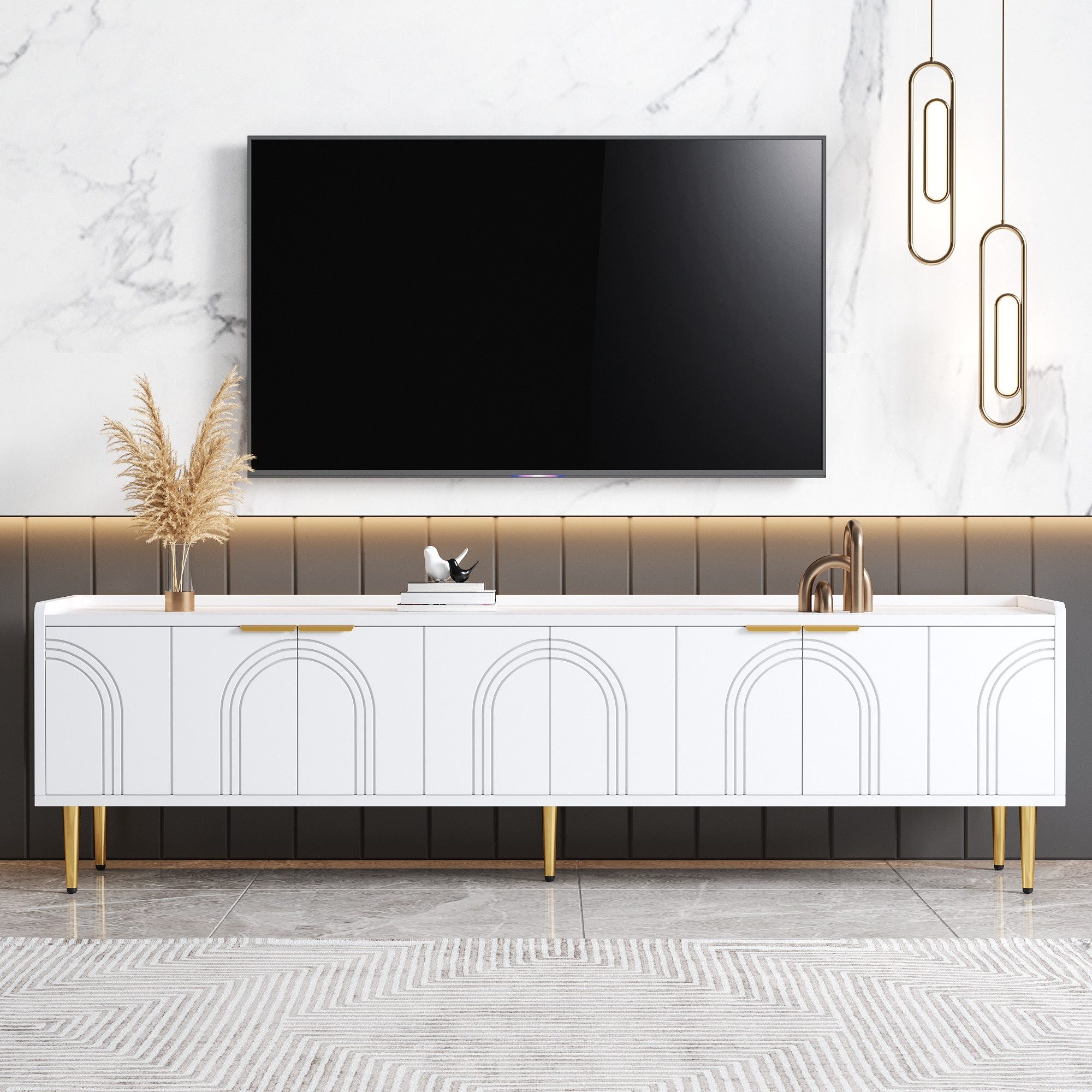 MC Star TV-Ständer lowboard mit strukturierter Tür, TV-Möbel, goldenen Griffen, (und goldenen Füßen,170 L x 35 B x 47.5 H(cm)