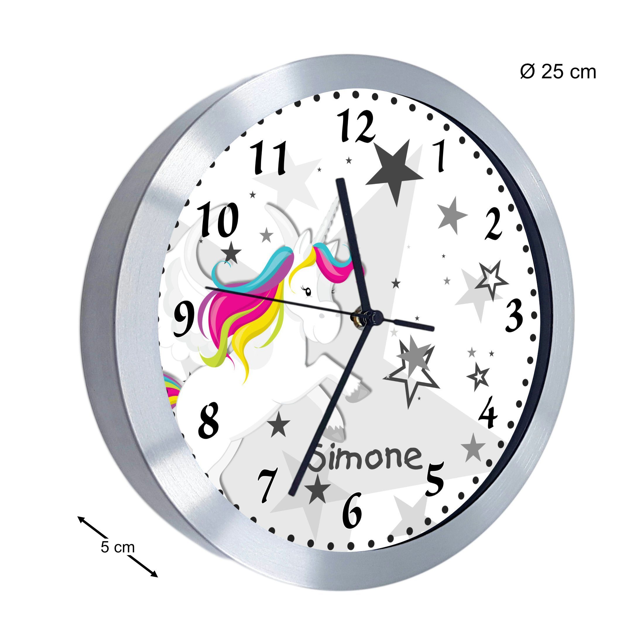 CreaDesign Funkwanduhr Kinderzimmer Kinder Wanduhr grau personalisiert Einhorn