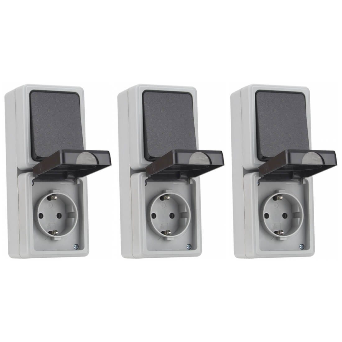 ETT Marketing GmbH Aufputz-Steckdose 3er Set TAFF Feuchtraum Kombination Steckdose Schalter Aufputz IP44