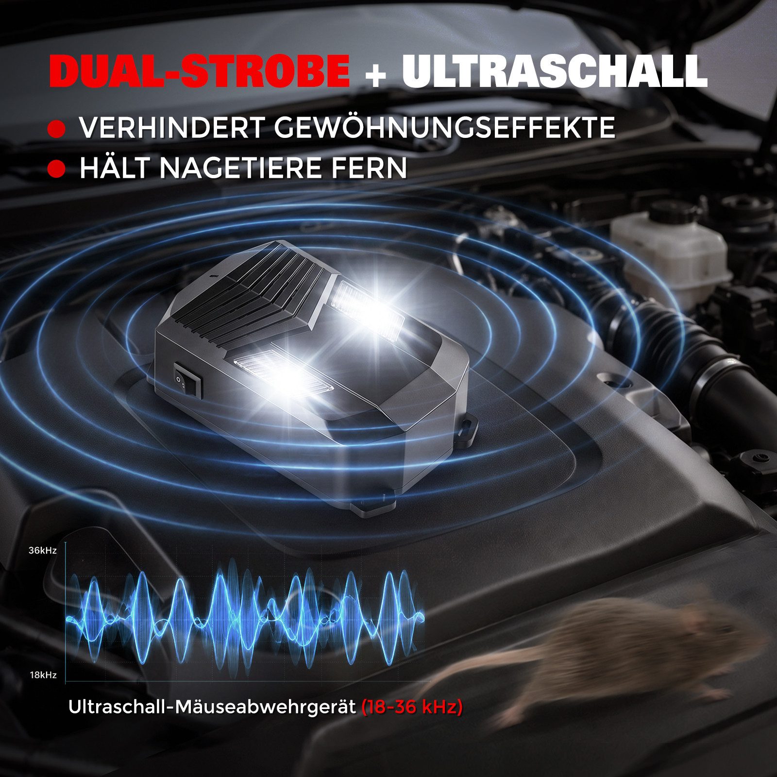 Quntis Ultraschall-Tierabwehr Ultraschall-Mäuseabwehrgerät & Marderschreck fürs Auto – bis 60 m², 1-tlg., Batteriebetrieben & hitzebeständig für Motorraum, Garage & Lagerhalle