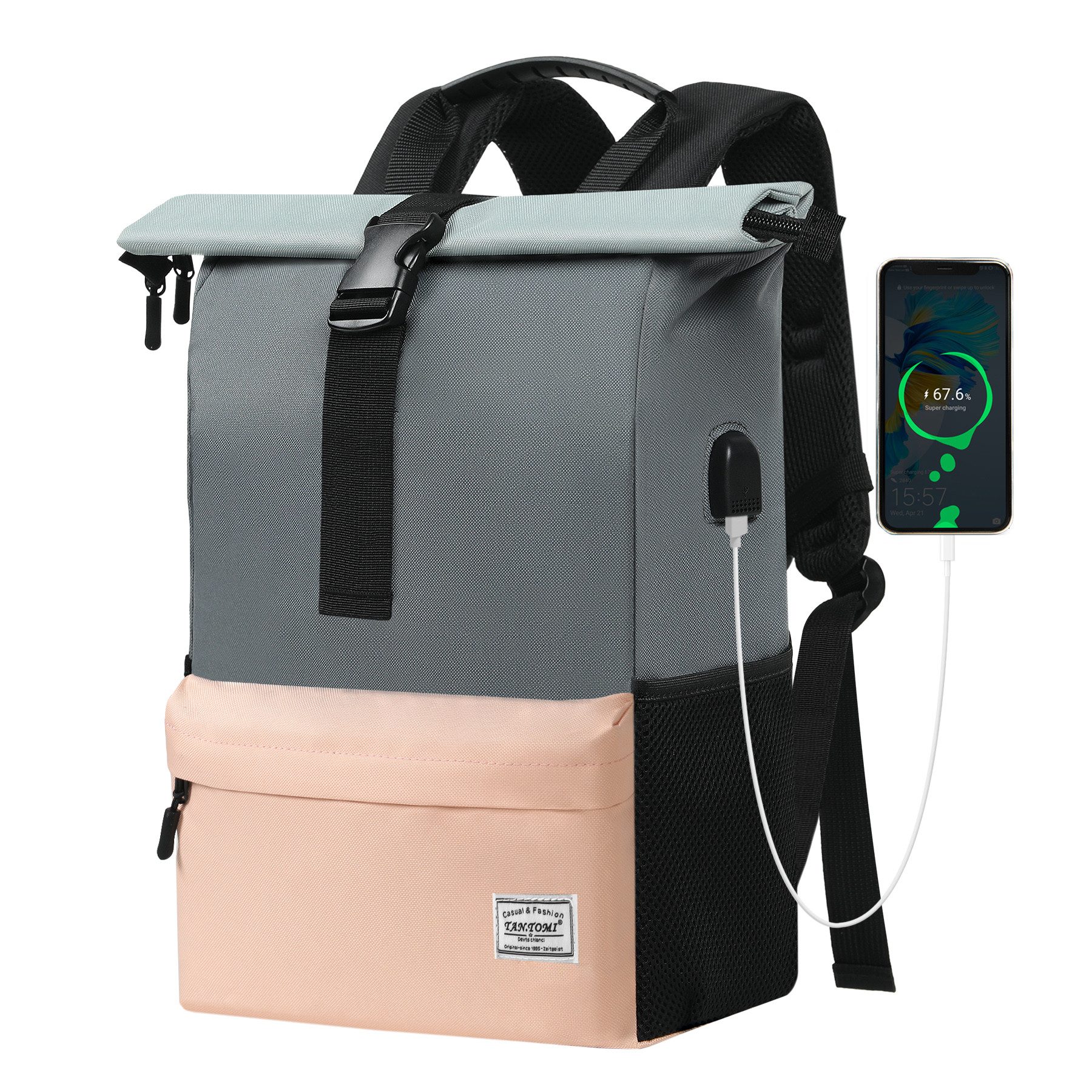 TAN.TOMI Cityrucksack Arbeitsrucksack Groß Unisex Tagesrucksäcke Rolltop Rucksack (Freizeitrucksack viele Fächer mit 15,6" Laptopfach/USB-Anschluss), Reiserucksack Lässiger Backpack Schule Freizeit Uni Arbeit Wandern