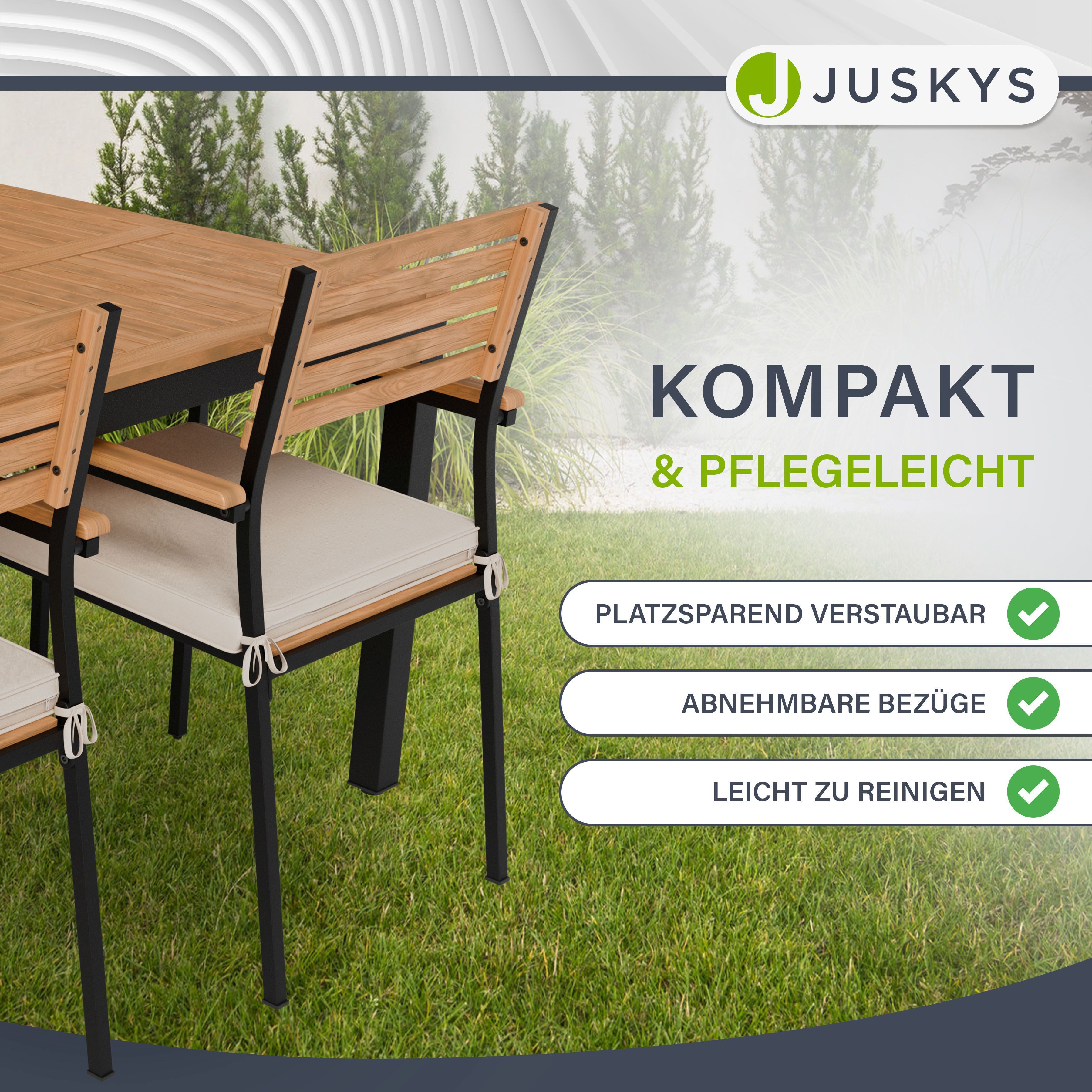 Juskys Garten-Essgruppe Rhodos, (5-tlg), mit Tisch, 4 Stühlen & Kissen, elegante Holzelemente