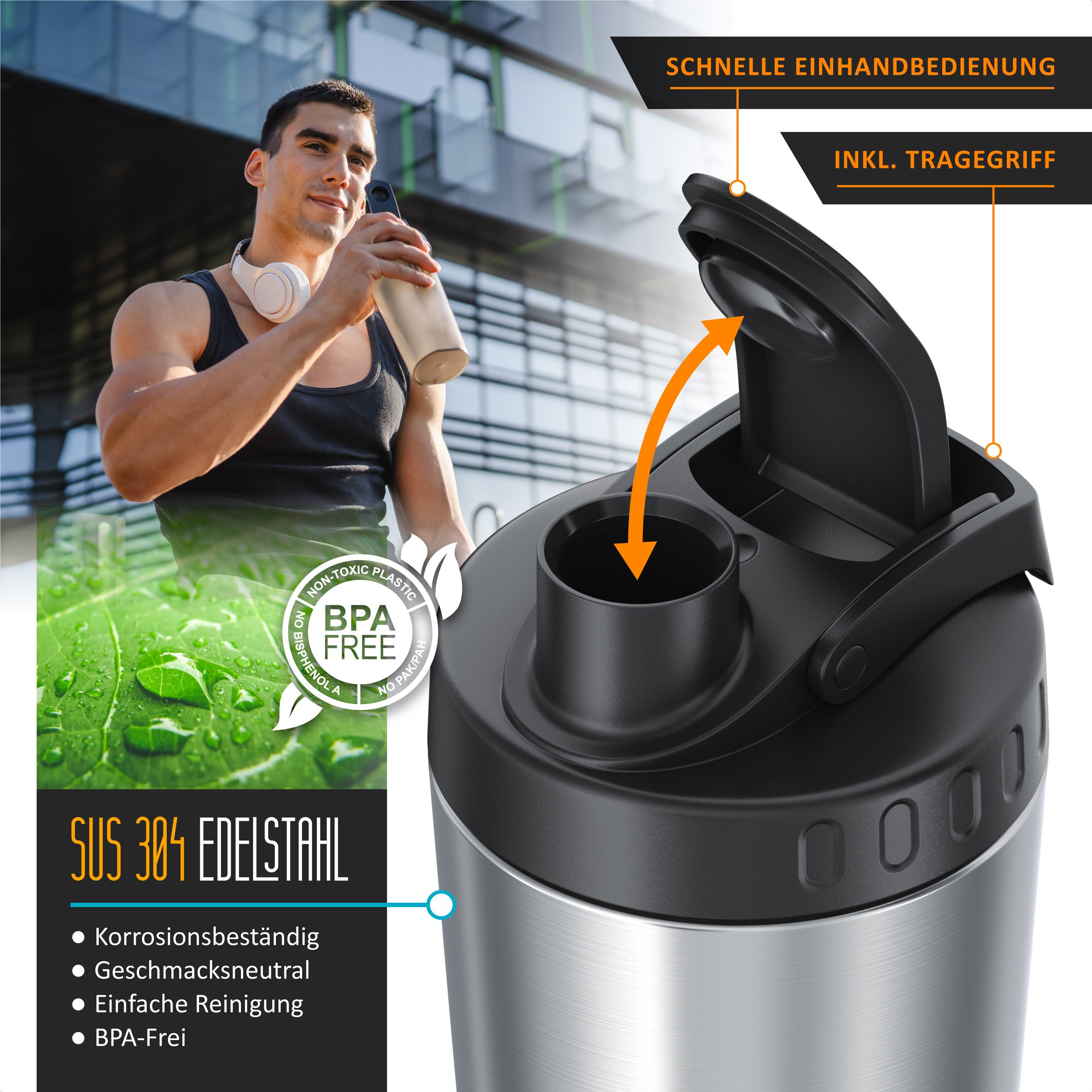 Arendo Protein Shaker Edelstahl Eiweißshaker 500 ml, verschließbar, spülmaschinengeeignet, Edelstahl, Mixbecher, Tragegriff, BPA-frei, für unterwegs, Yoga, Finess, Sport