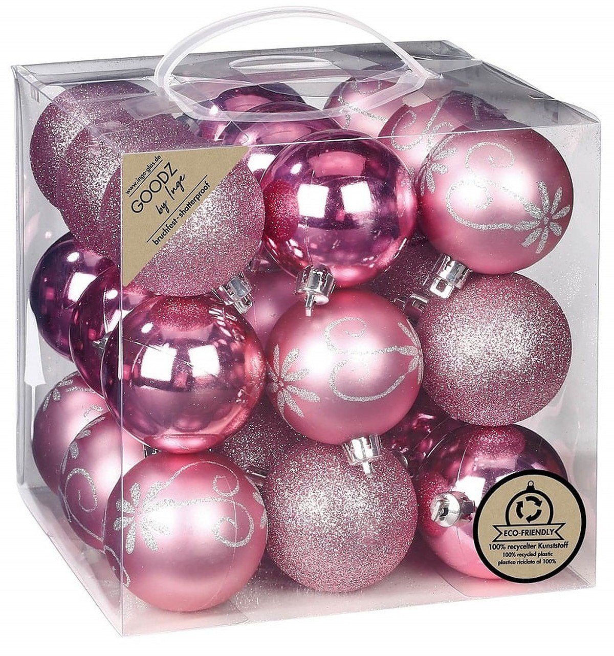 INGE-GLAS® Christbaumschmuck Inge's Weihnachtskugeln 27 Stück 6 cm, Rosa, Kunststoff, bruchfest, Baumdekoration, Baumschmuck, Weihnachtsdekoration