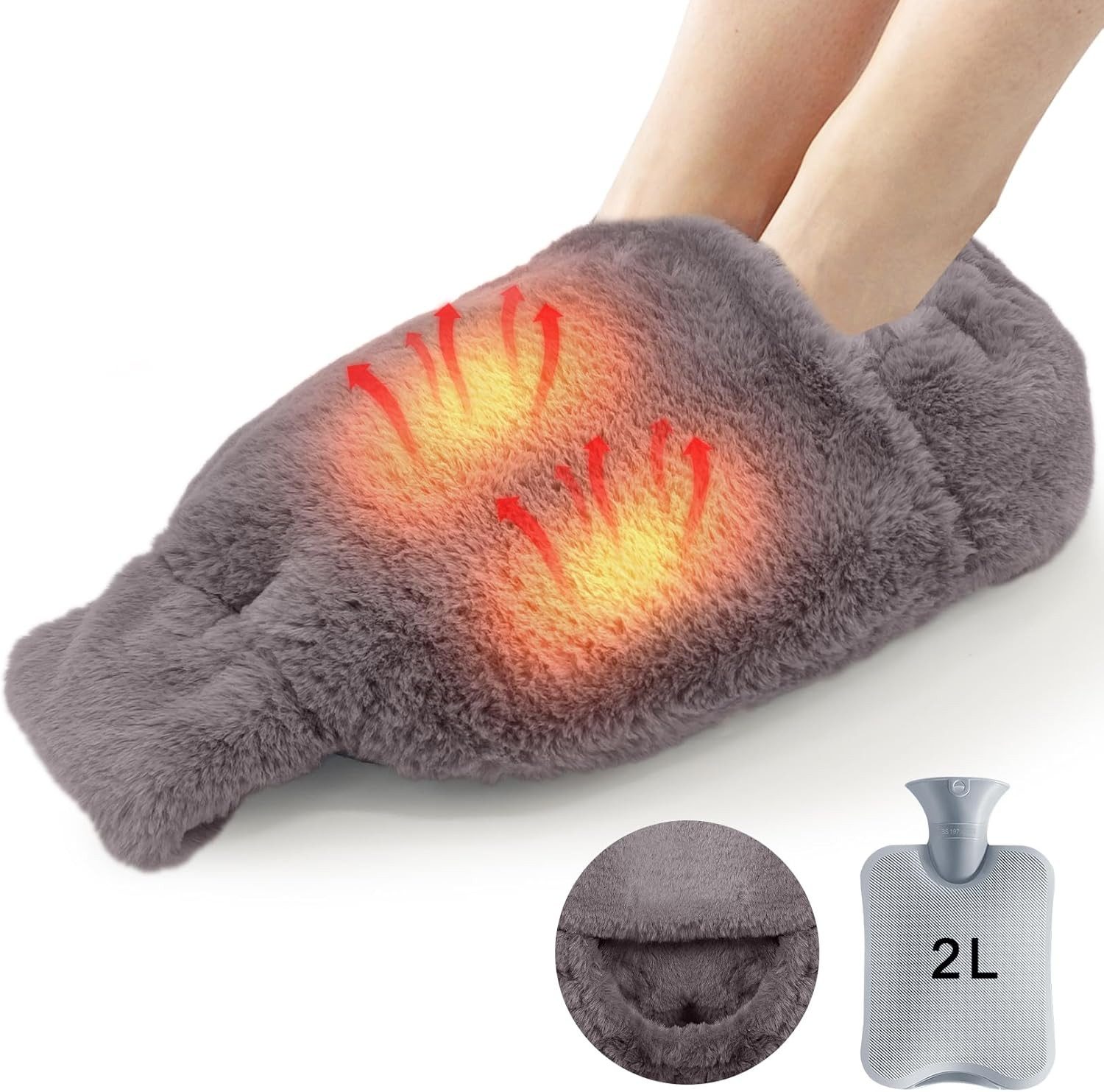 LA CUTE Wärmflasche 2L Fußwärmer ohne Strom mit Plüschbezug Fußheizung für Damen/Herren, (Fußwärmer-Set mit Wärmflasche und Bezug, 1x 2L Wärmflasche, 1x abnehmbarer Flanellbezug), Fußwärmer ohne Strom, 2-in-1 Wärmflasche mit abnehmbarem Plüschbezug