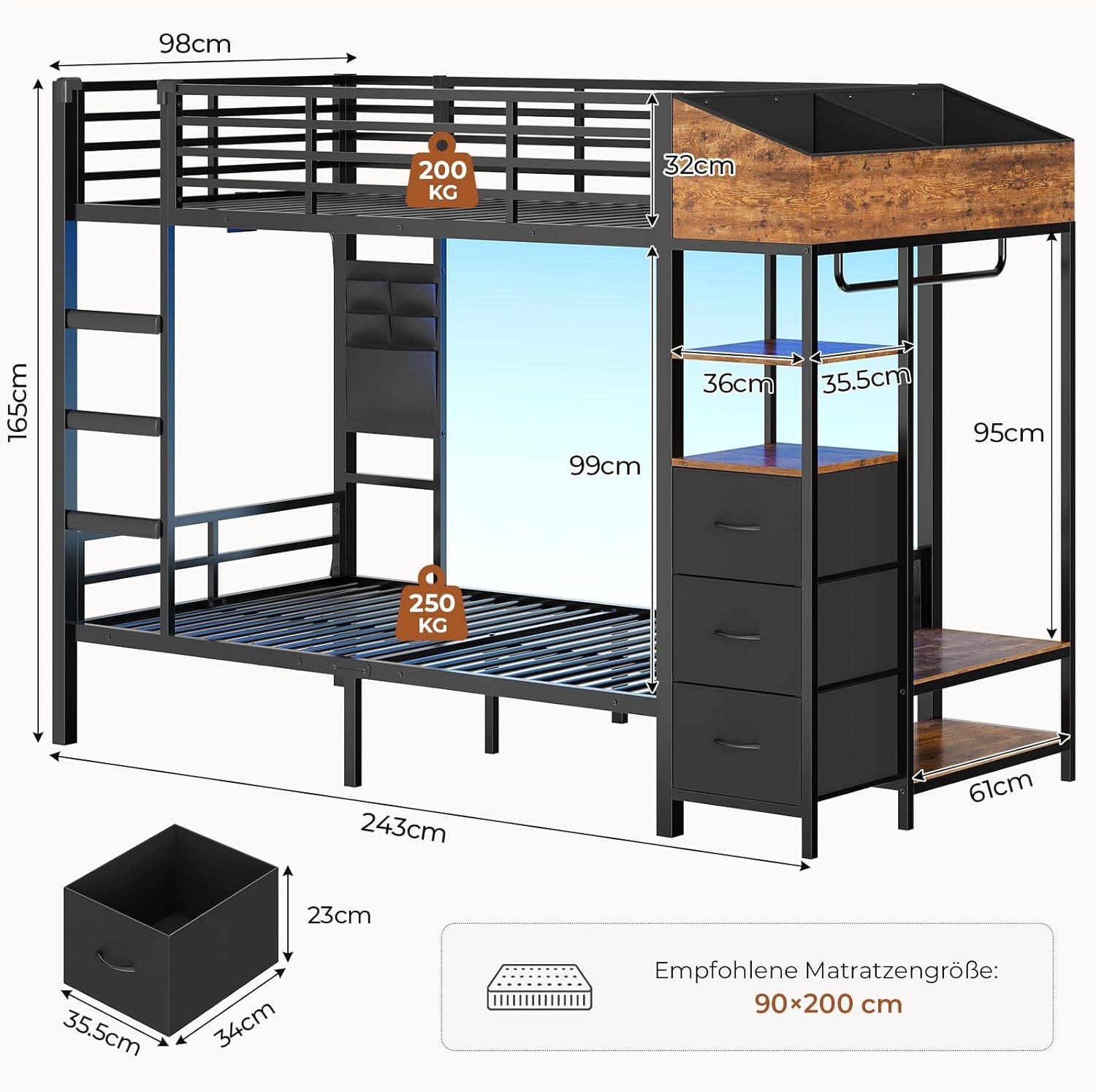 MSMASK Etagenbett mit Treppe, Garderobenständer und viel Stauraum, 90x200cm (1-St., Ohne Matratze), Modernes Hochbett mit LED Beleuchtung und Ladestation