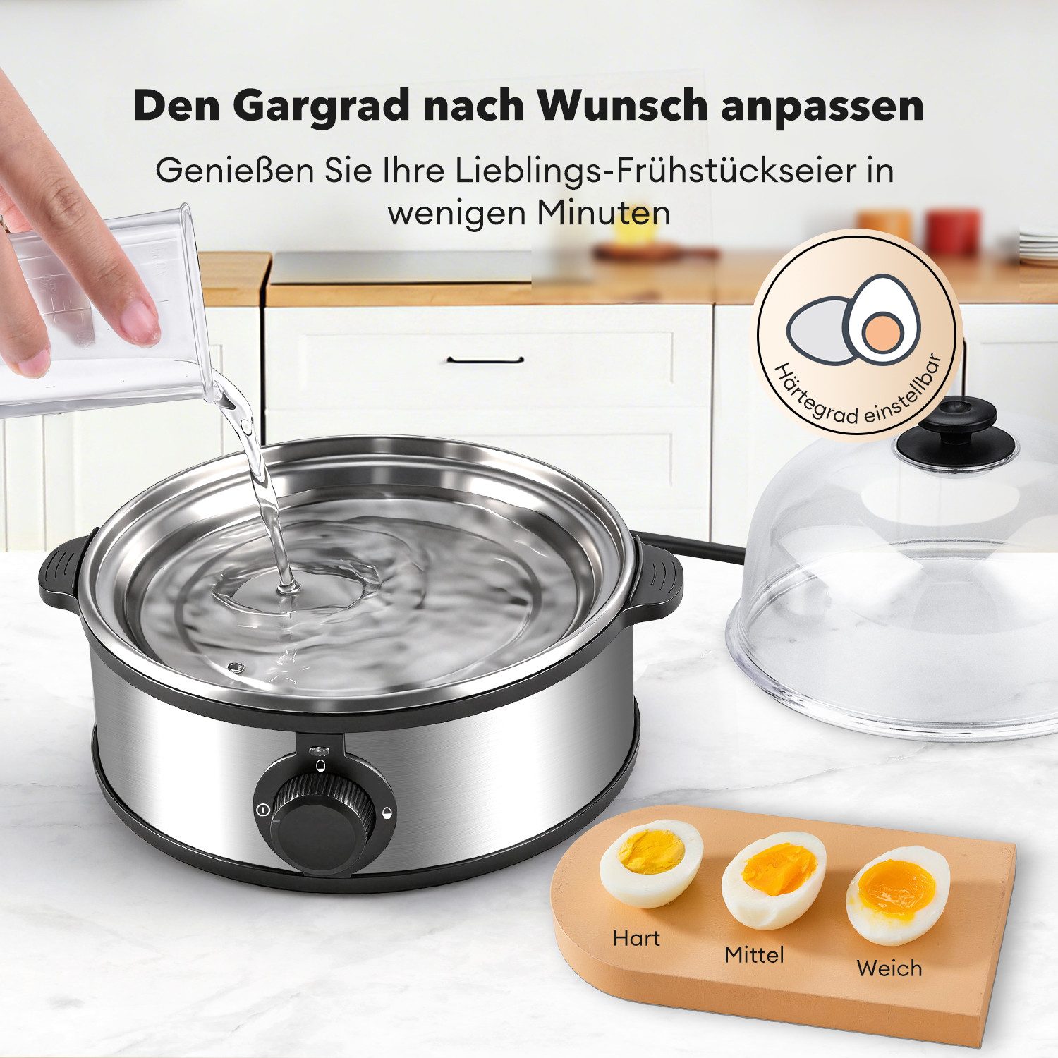 CkeyiN Pro Eierkocher 7 Eier,aus Edelstahl,3 Härtegrade,Spülmaschinenfest (Zubehör), Anzahl Eier: 7 St., 360 W, mit akkustischem Signal,Messbecher, Eierhalter,Omlettschale