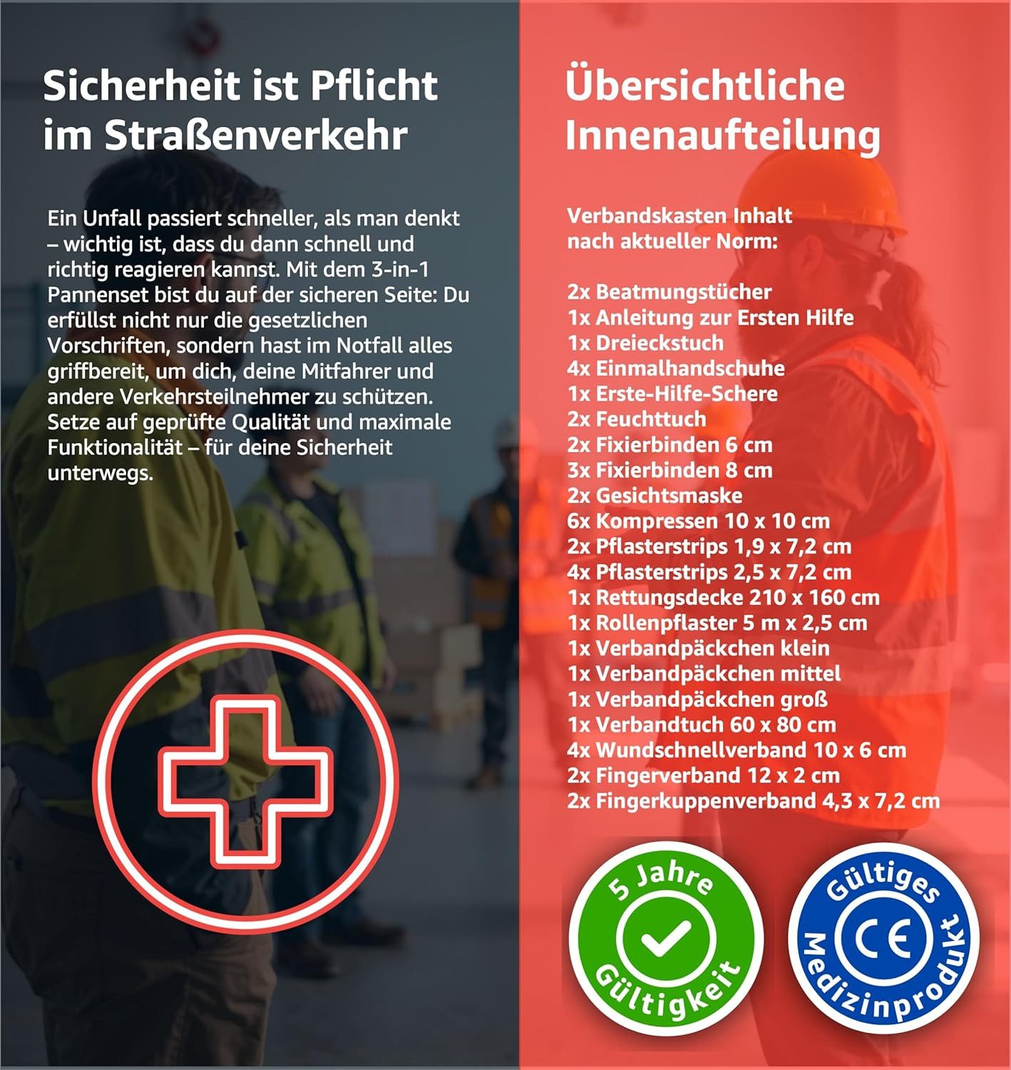 TK Gruppe Erste-Hilfe-Set 3 in 1 KFZ Set - KFZ-Verbandskasten, Warnweste, Warndreieck, (3er Set, 1 St), 3in1 KFZ Set