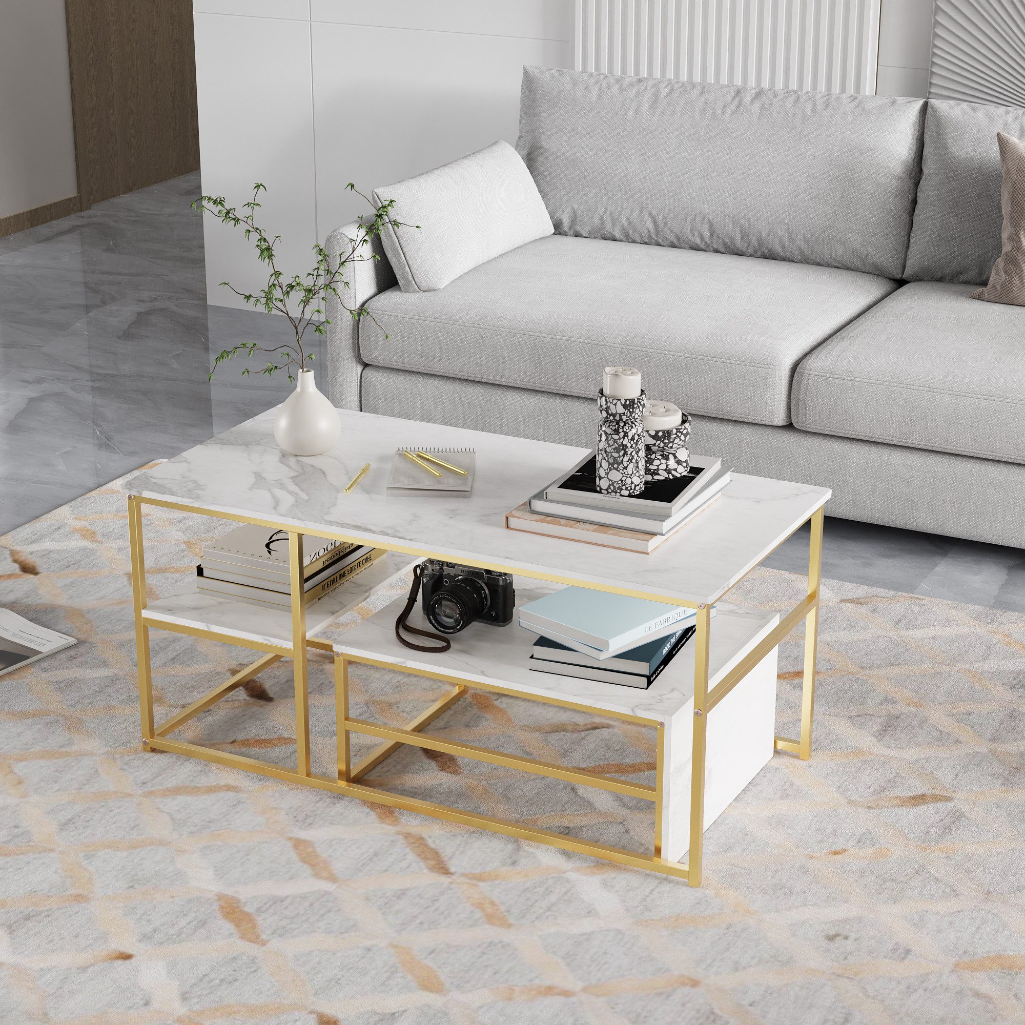 Gdood Couchtisch Rechteck Satztisch Beistelltisch stapelbarer Sofatisch (2-St., Ideal für Wohnzimmer & Büro, Platzsparendes stapelbares Design), Mit Marmormuster Tischplatte, 105 x 52 x 48.5 cm + 60 x 45 x 28 cm