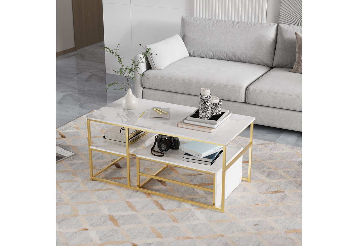 Gdood Couchtisch Rechteck Satztisch Beistelltisch stapelbarer Sofatisch (2-St., Ideal für Wohnzimmer & Büro, Platzsparendes stapelbares Design), Mit Marmormuster Tischplatte, 105 x 52 x 48.5 cm + 60 x 45 x 28 cm