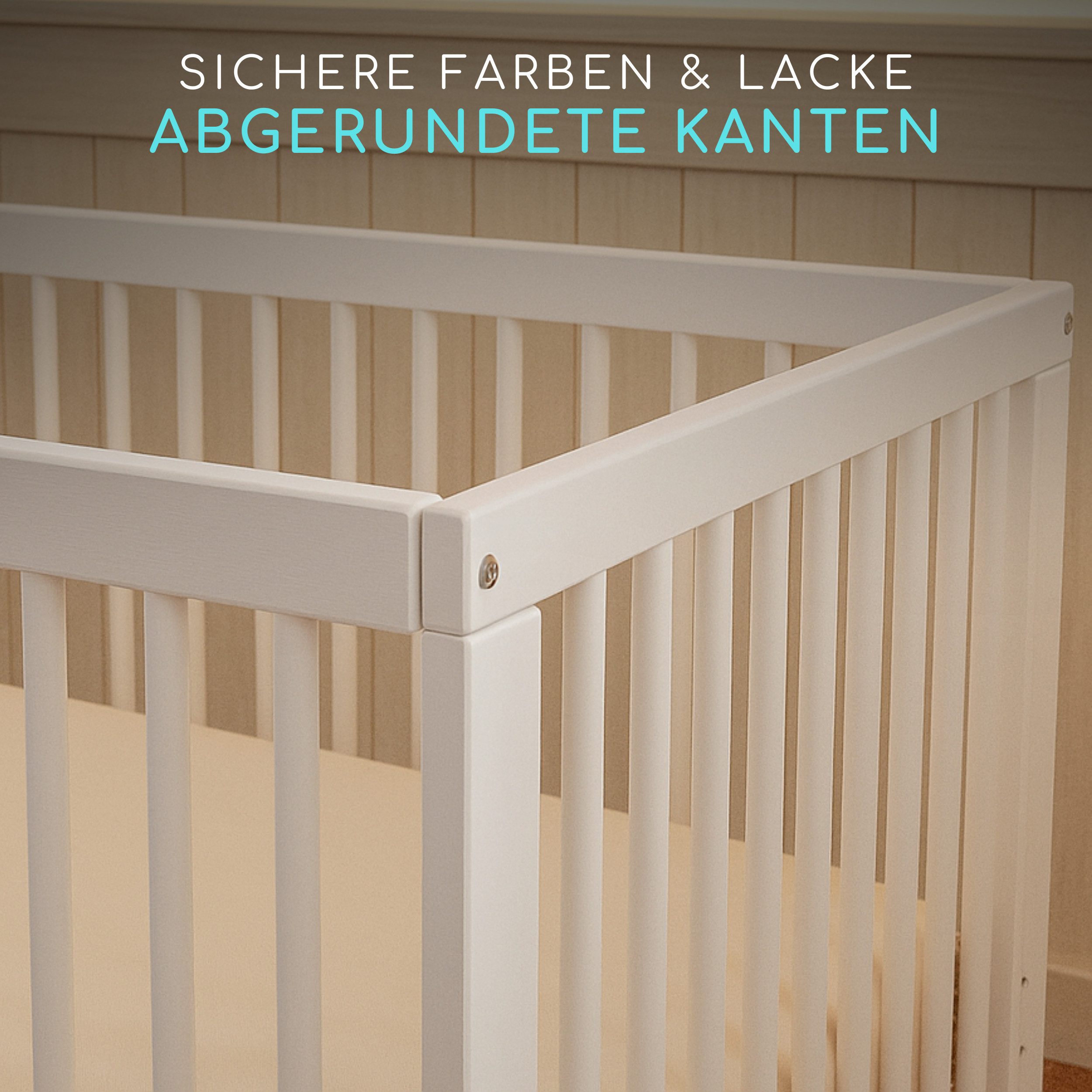 Alavya Home® Babybett TOBI I Das Beste für Kleine Babys I 9-fach höhenverstellbarer EN 716-1, Babybett 60x120 Weiß Gitterbett mit 3 Schlupfsprossen aus Buchenholz