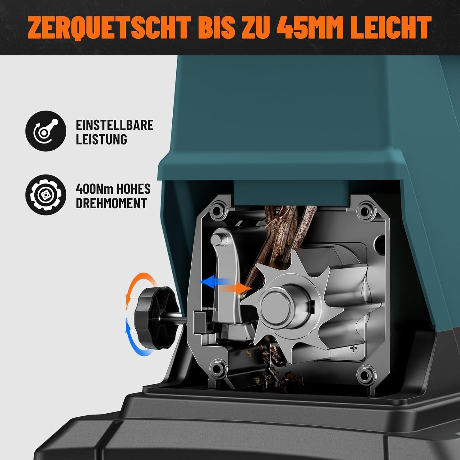 DOVAMAN Häcksler 2800 W Bürstenlosem Motor 45 mm Aststärke Elektrisch 50L, Robuste Auffangbox