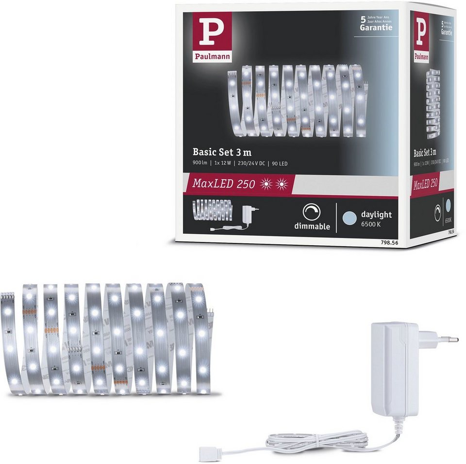 Paulmann LED Stripe MaxLED 250 Basisset unbeschichtet 3m Tageslichtweiß, 1- flammig, Rückseitig selbstklebend für eine einfache DIY Montage