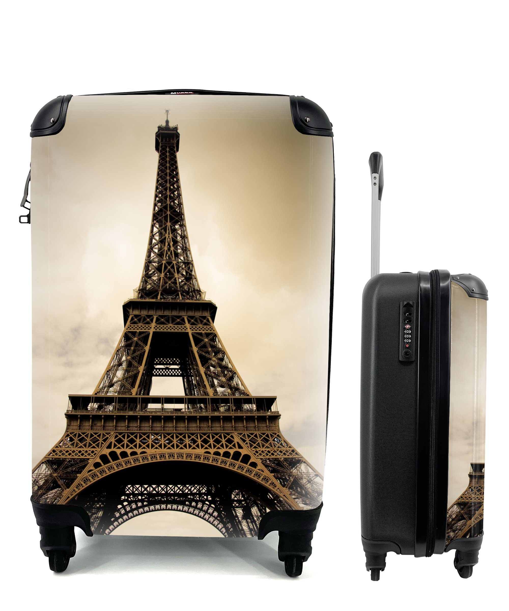 MuchoWow Handgepäckkoffer Eiffelturm in Paris Sepia-Fotodruck, 4 Rollen, Reisetasche mit rollen, Handgepäck für Ferien, Trolley, Reisekoffer