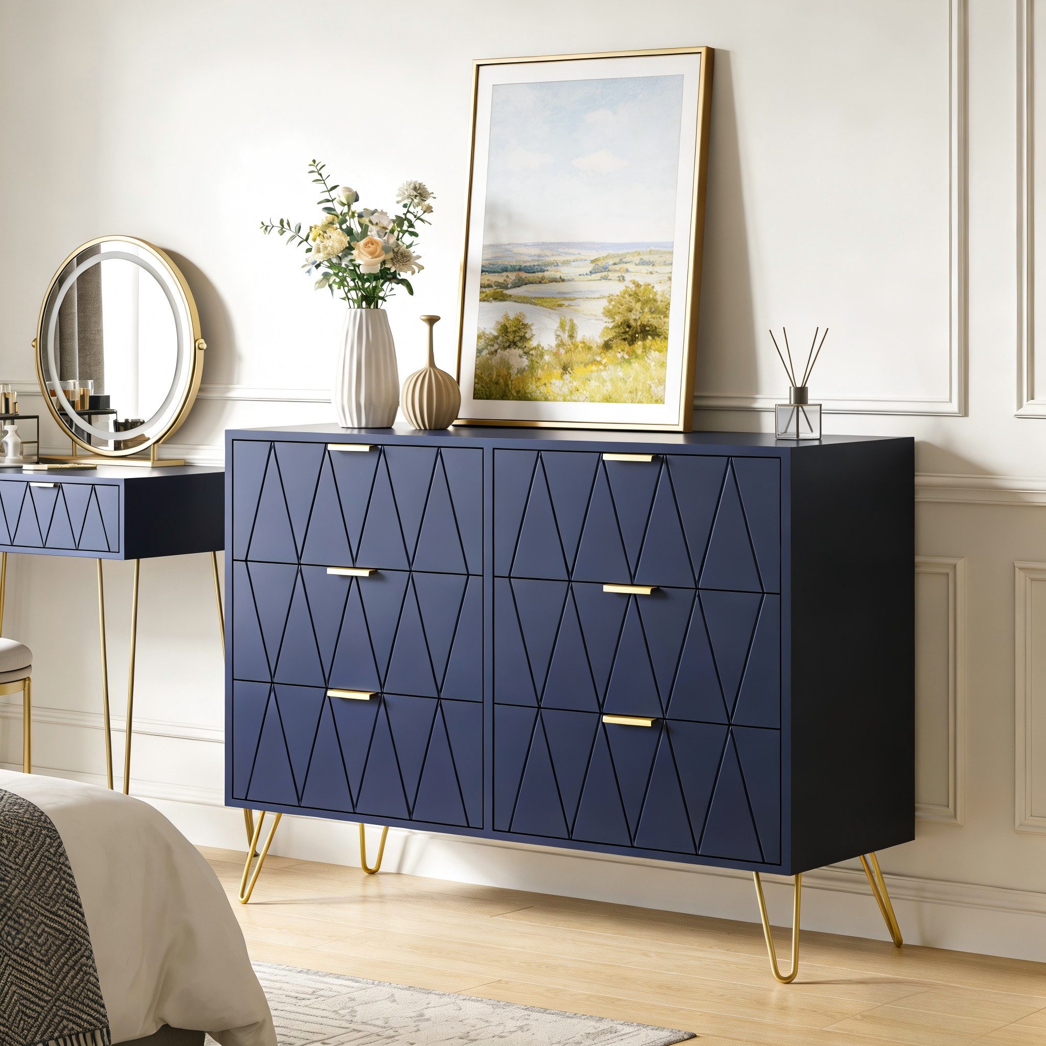 UEV Kommode mit 6 Schubladen, Sideboard für Wohnzimmer Schlafzimmer (Highboard, Sideboard mit Schubladen, Schmal kommode, 100 x 34 x 73 cm Mehrzweckschrank), Küchenschrank Buffet TV Board Schrank mit Füße Aufbewahrungsschrank