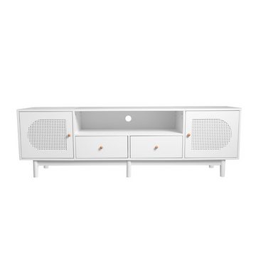 IDEASY TV-Schrank Rattan-TV-Schrank, Bohemian-Stil, mit Schubladen, weiß, 180 x 40 x 56 cm,geeignet für 80-Zoll-Fernseher, integriertes Kabelführungsloch