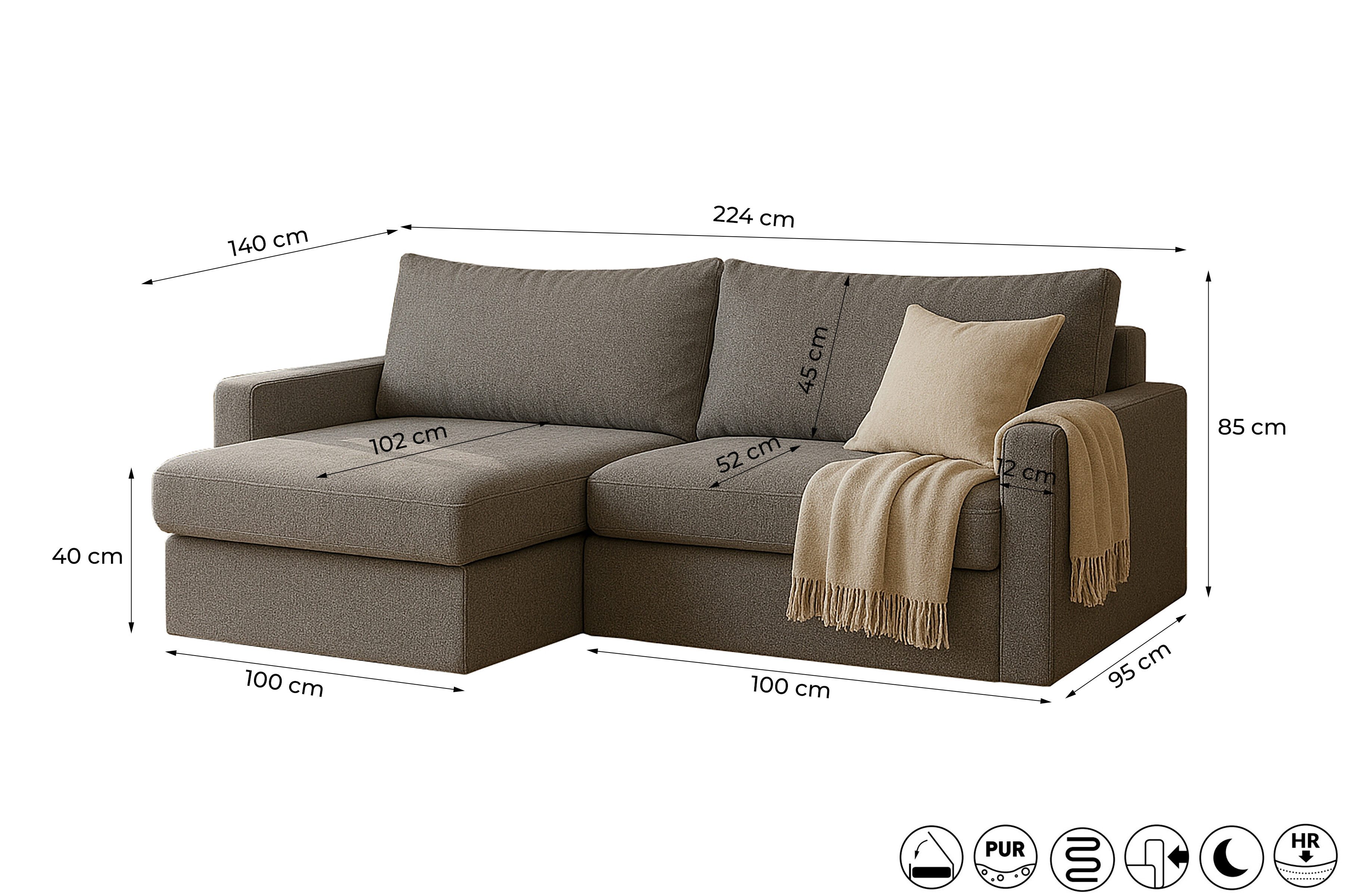Friderik-EU Ecksofa mit Schlaffunktion und Bettkasten, 224 x 140 cm - Schlafsofa, Couch, inklusive Zierkissen - Bettfunktion